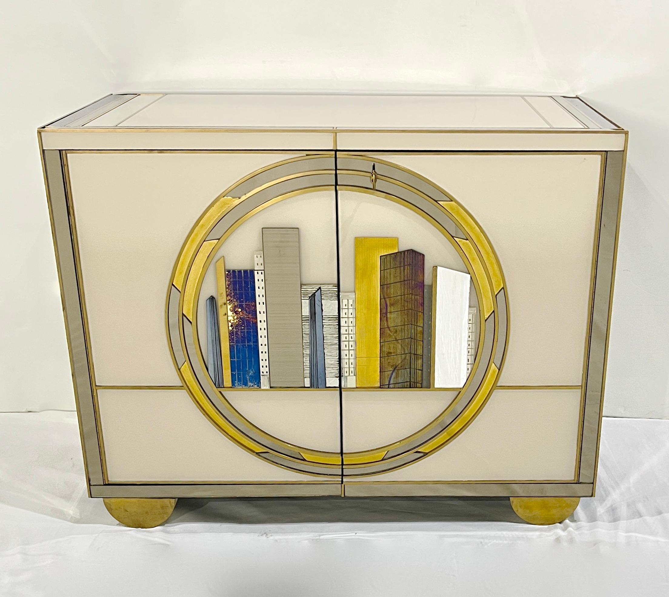 Italian Bespoke Modern Ivory Cabinets with Grey Gold White New York City Outline For Sale 4