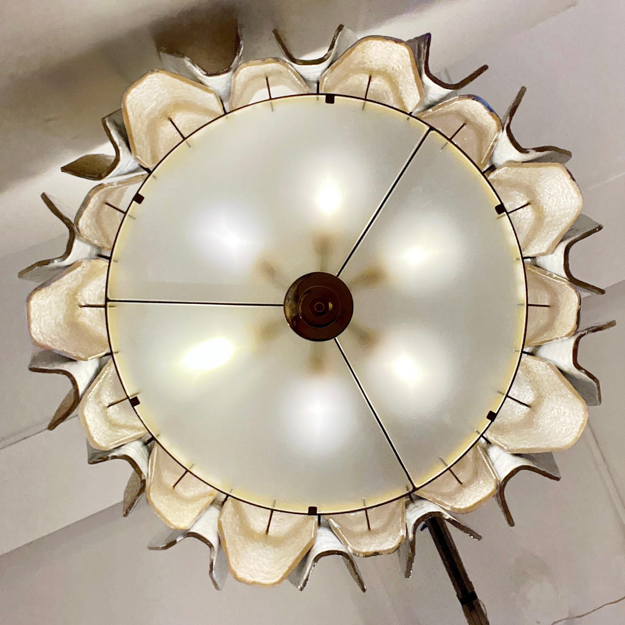 Frosted Italian Bespoke Post Modern Silver Amber Murano Glass Round Graphic Chandelier For Sale