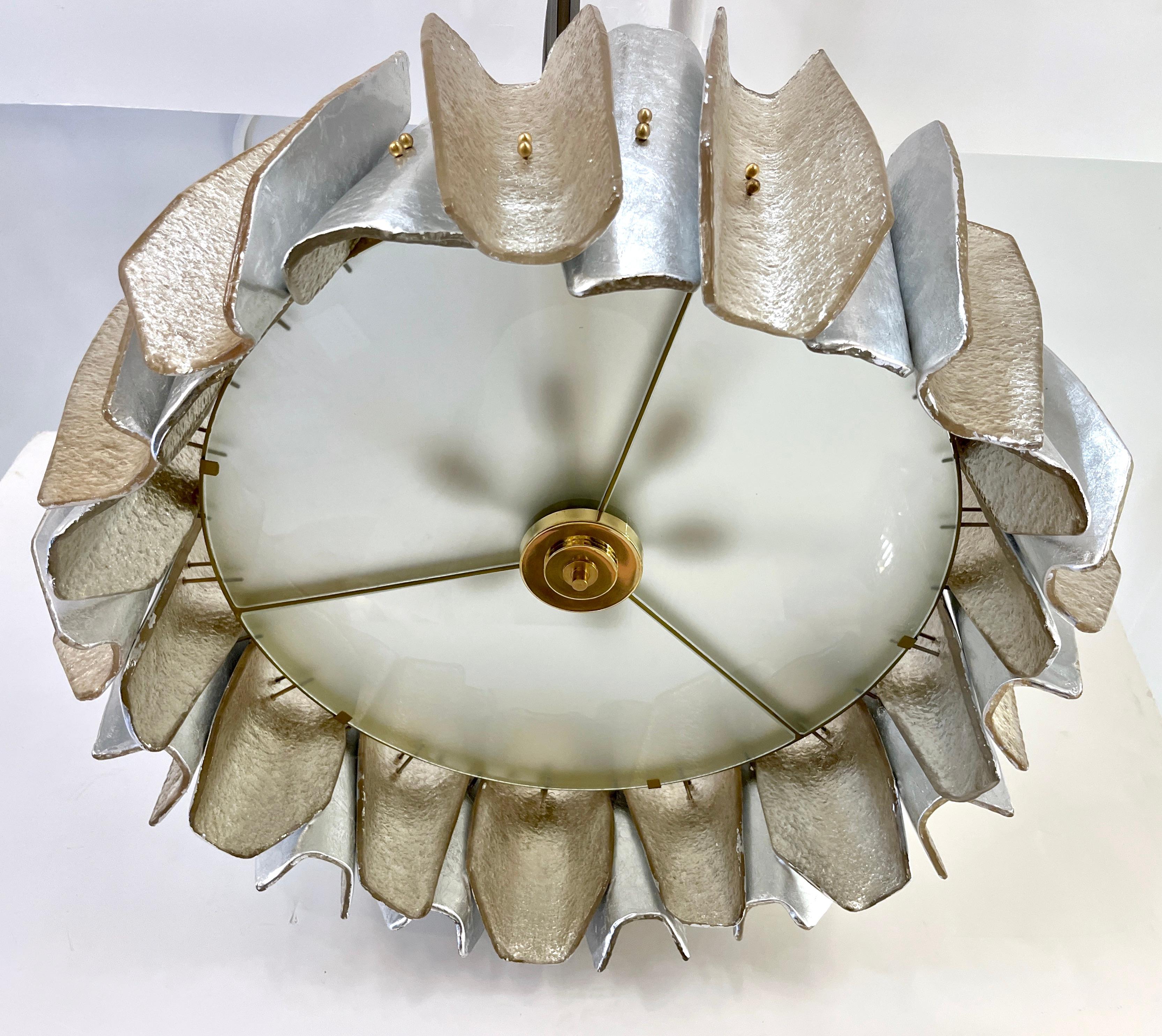 Italian Bespoke Post Modern Silver Amber Murano Glass Round Graphic Chandelier For Sale 3