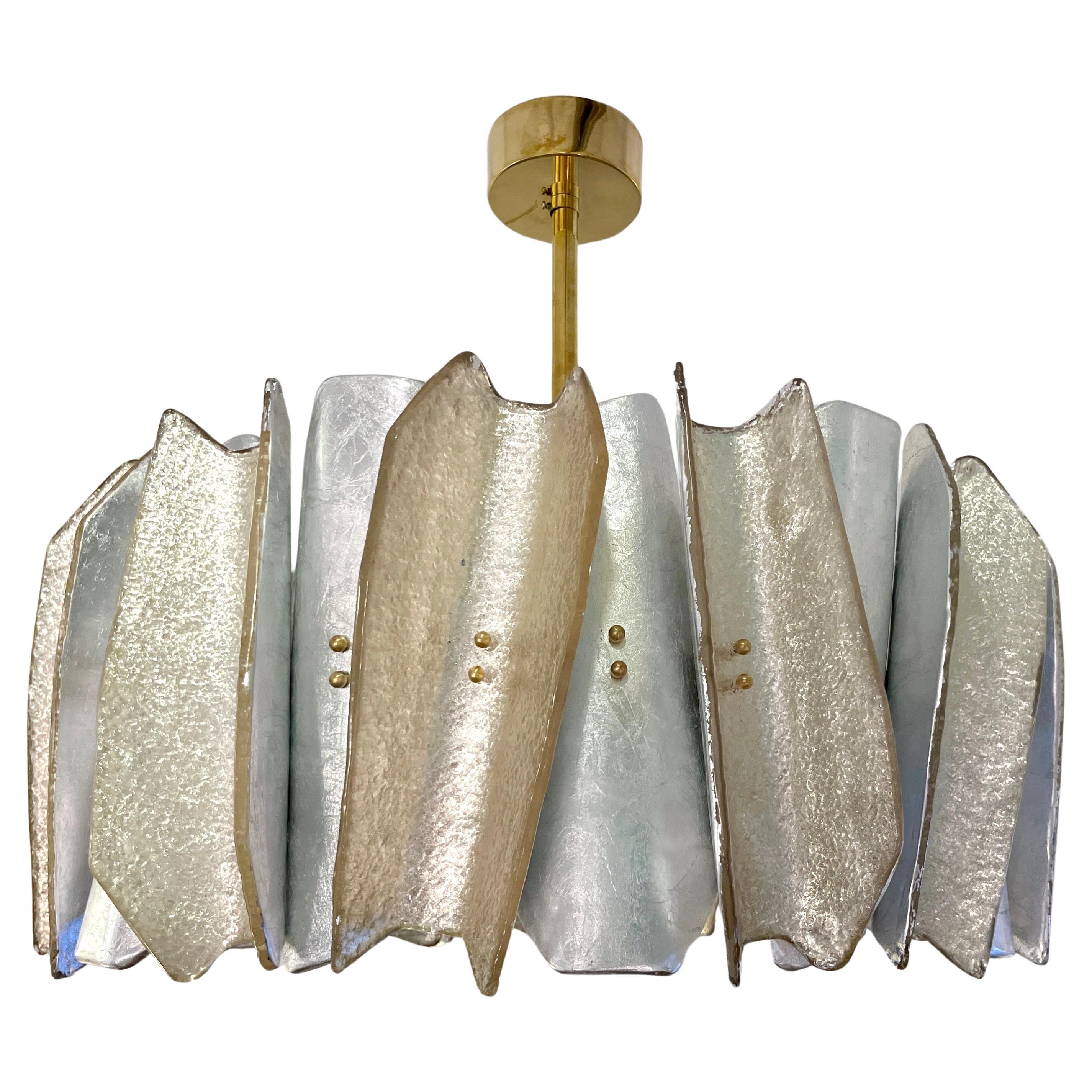 Italian Bespoke Post Modern Silver Amber Murano Glass Round Graphic Chandelier For Sale