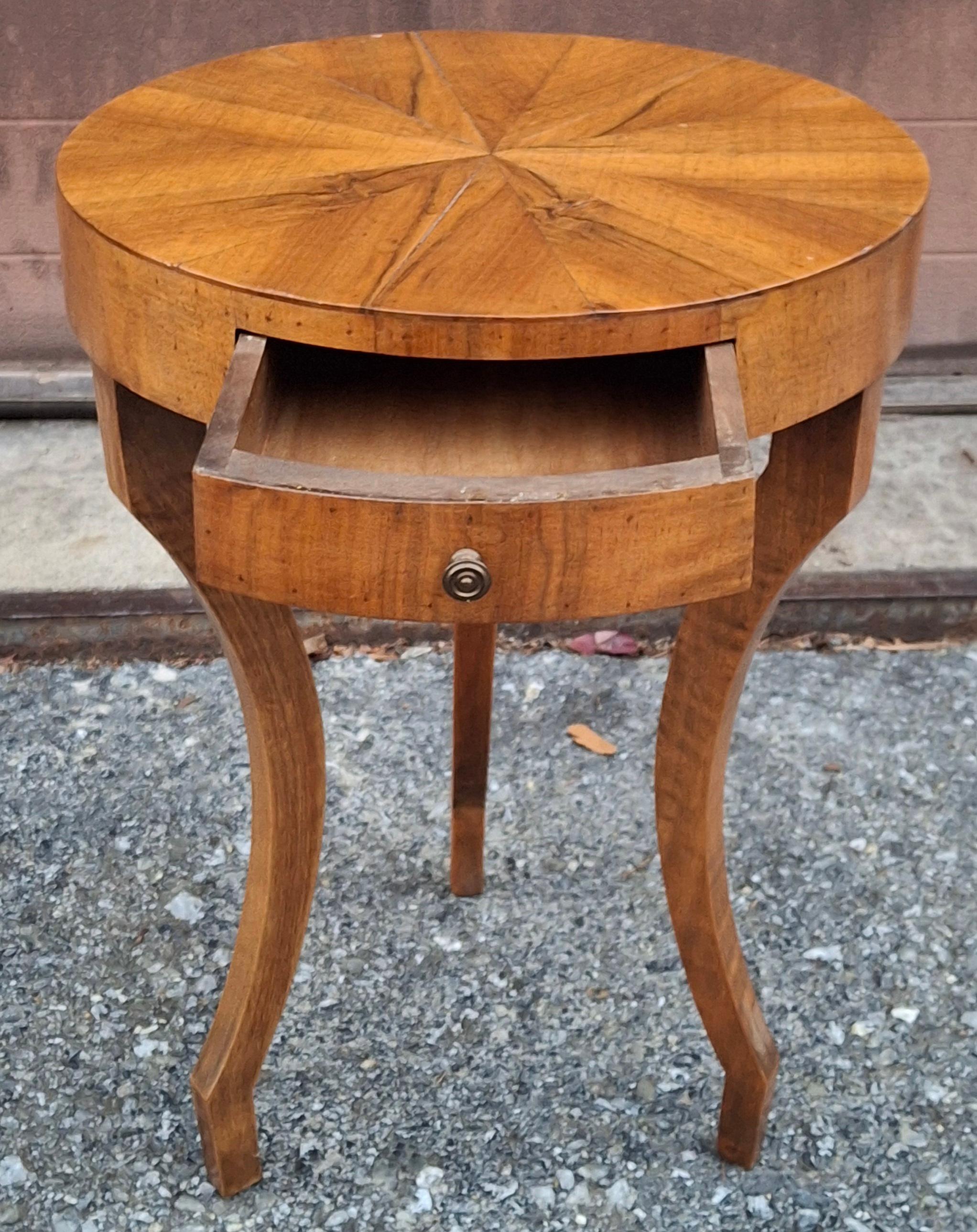 Stained Italian Biedermeier Style Walnut Tripod Single Drawer Candle Stand Side Table For Sale