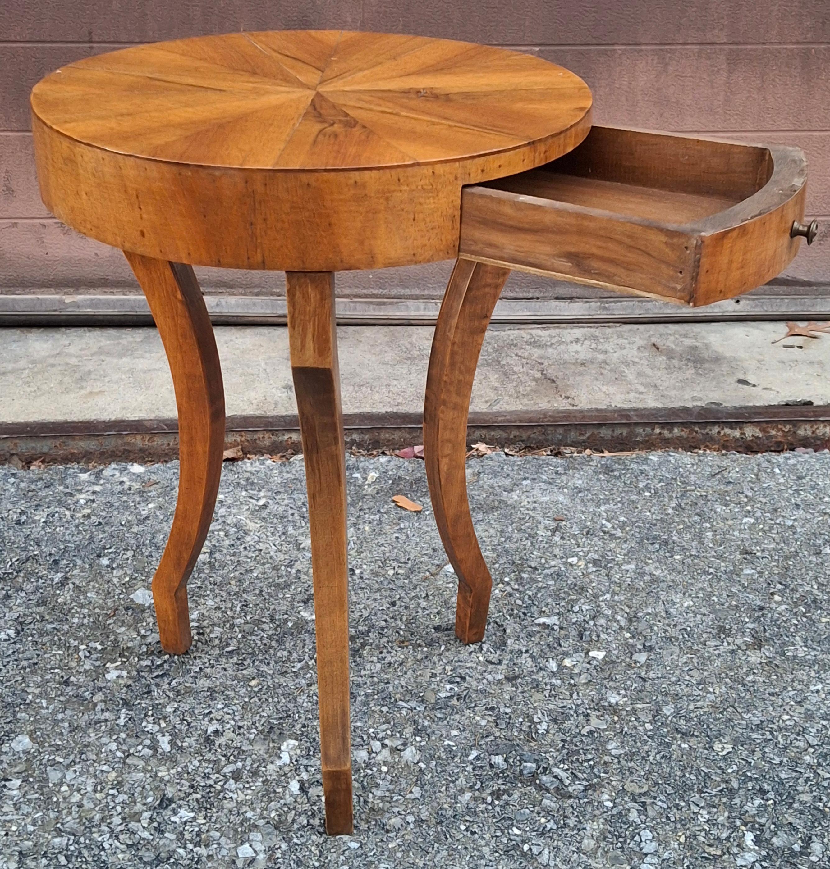 20th Century Italian Biedermeier Style Walnut Tripod Single Drawer Candle Stand Side Table For Sale