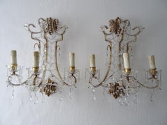 Italienische große Perlen Kristall Prismen Murano Tropfen Sconces Gold vergoldet Metall c1900