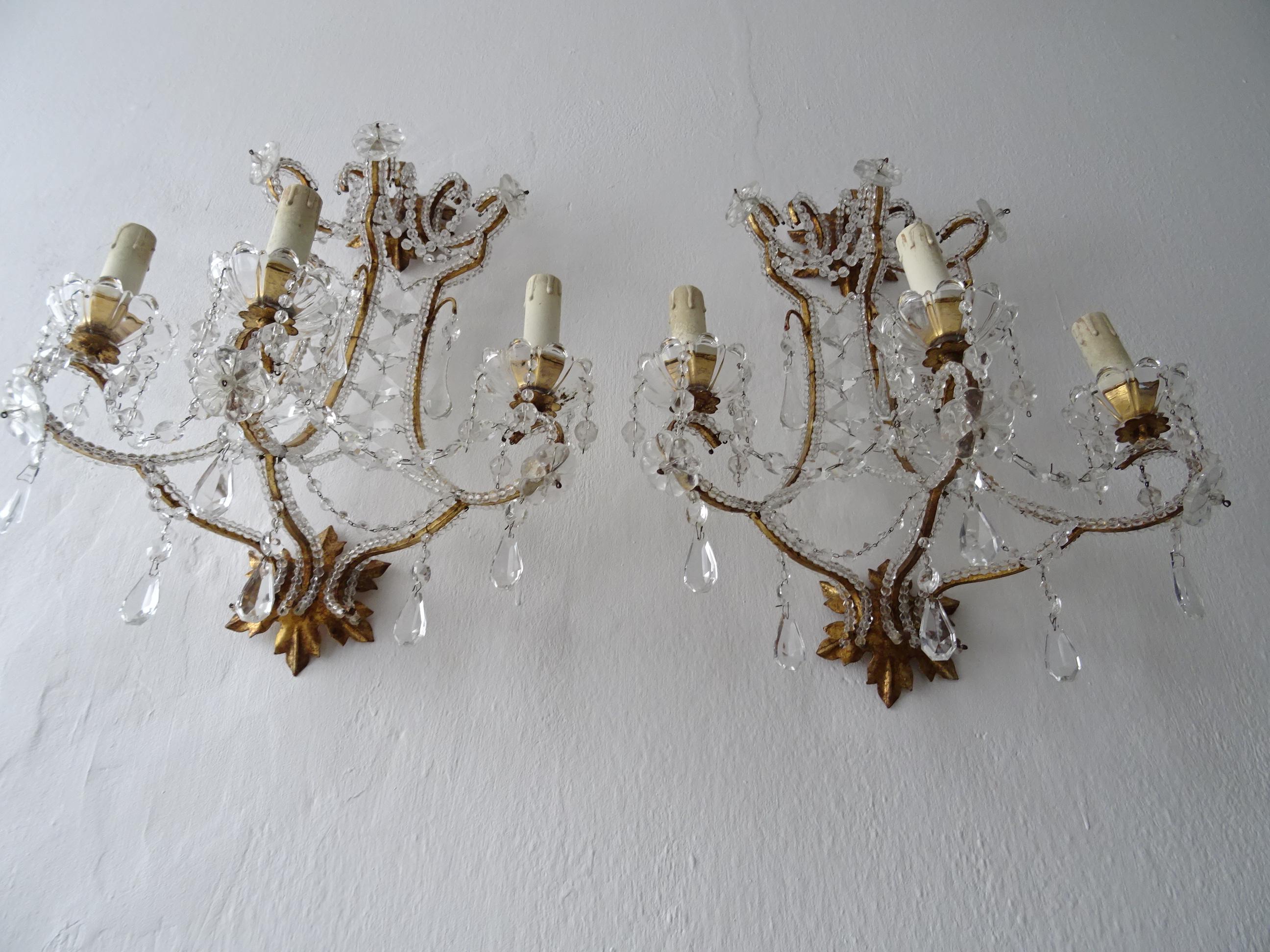 Baroque Italian Big Beaded Crystal Prisms Murano Drops Sconces Gold Gilt Metal c1900 For Sale