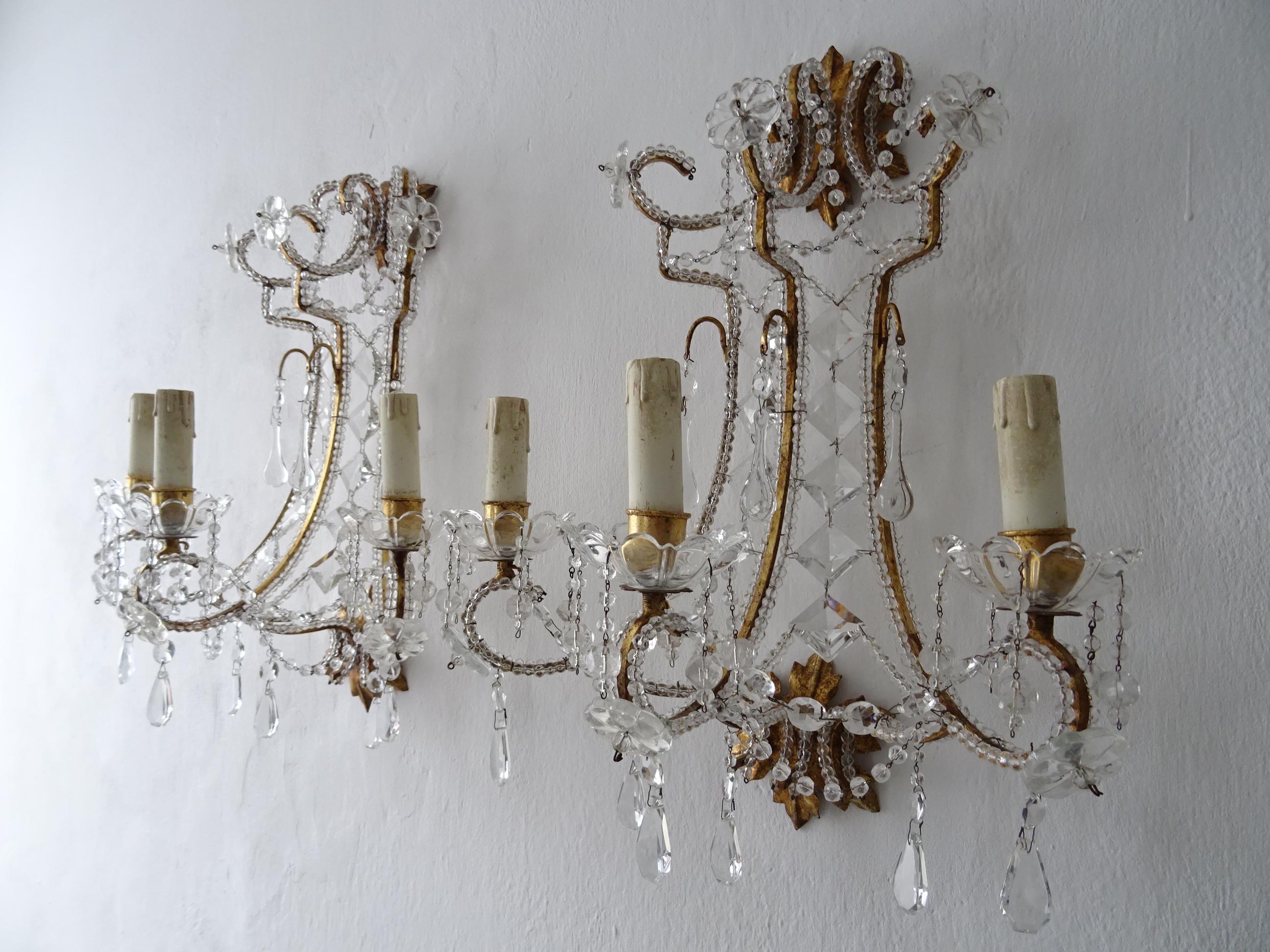 French Italian Big Beaded Crystal Prisms Murano Drops Sconces Gold Gilt Metal c1900 For Sale