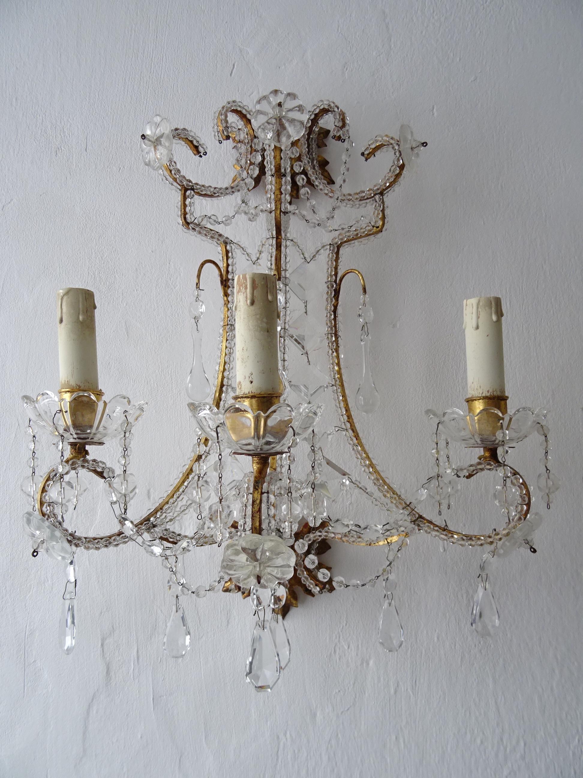 20th Century Italian Big Beaded Crystal Prisms Murano Drops Sconces Gold Gilt Metal c1900 For Sale