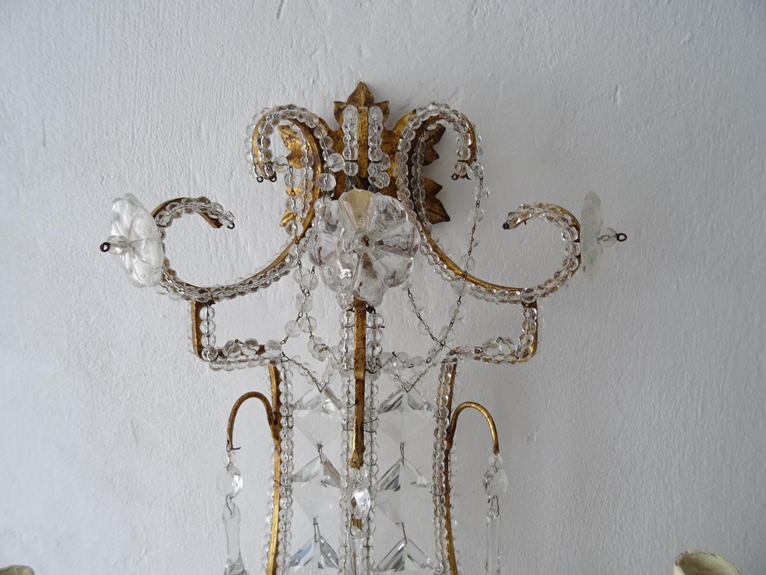 Rock Crystal Italian Big Beaded Crystal Prisms Murano Drops Sconces Gold Gilt Metal c1900 For Sale