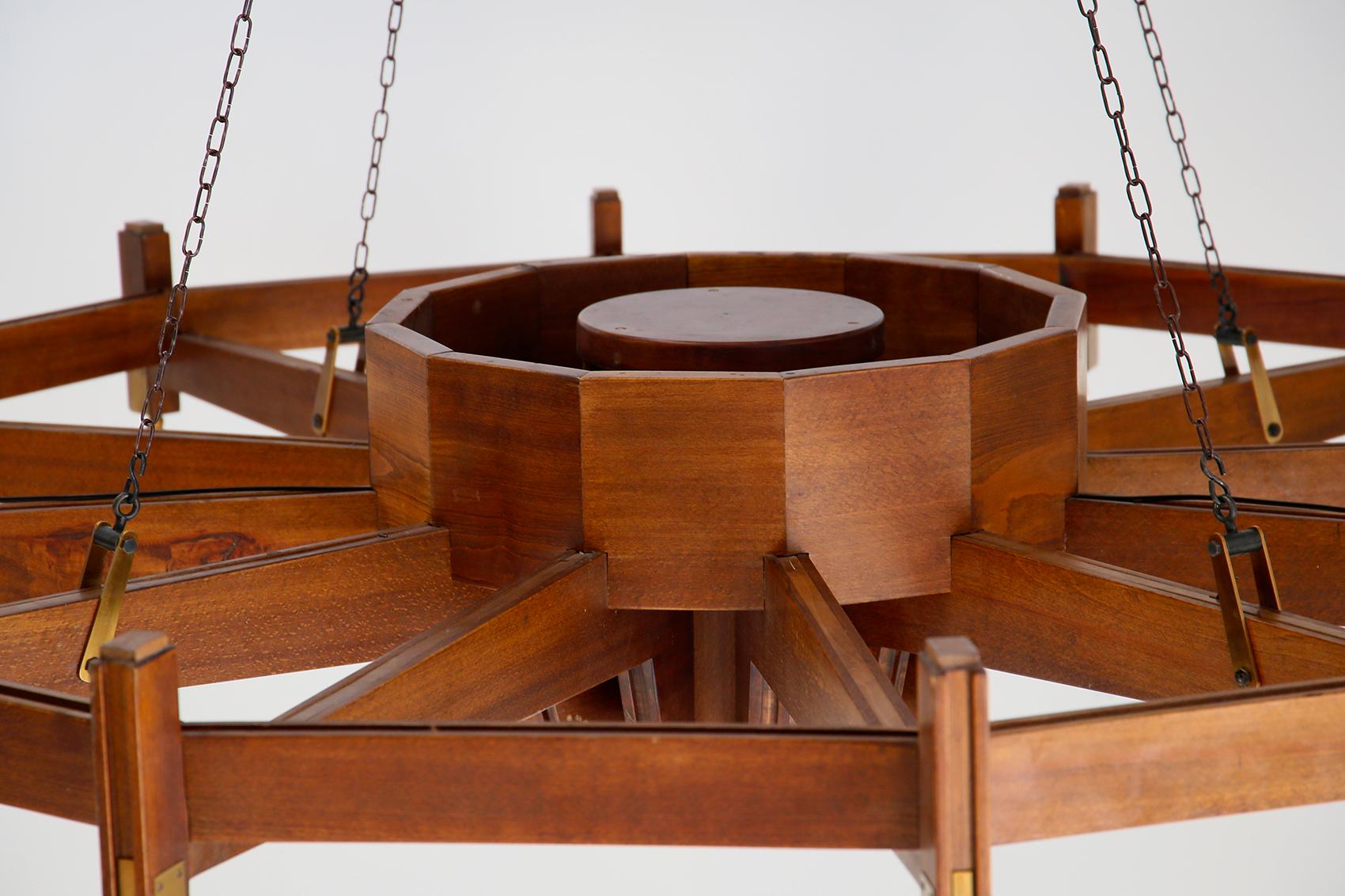 Mid-20th Century Italian Big Chandelier in the Style Bbpr in Wood and Aluminum and Brass