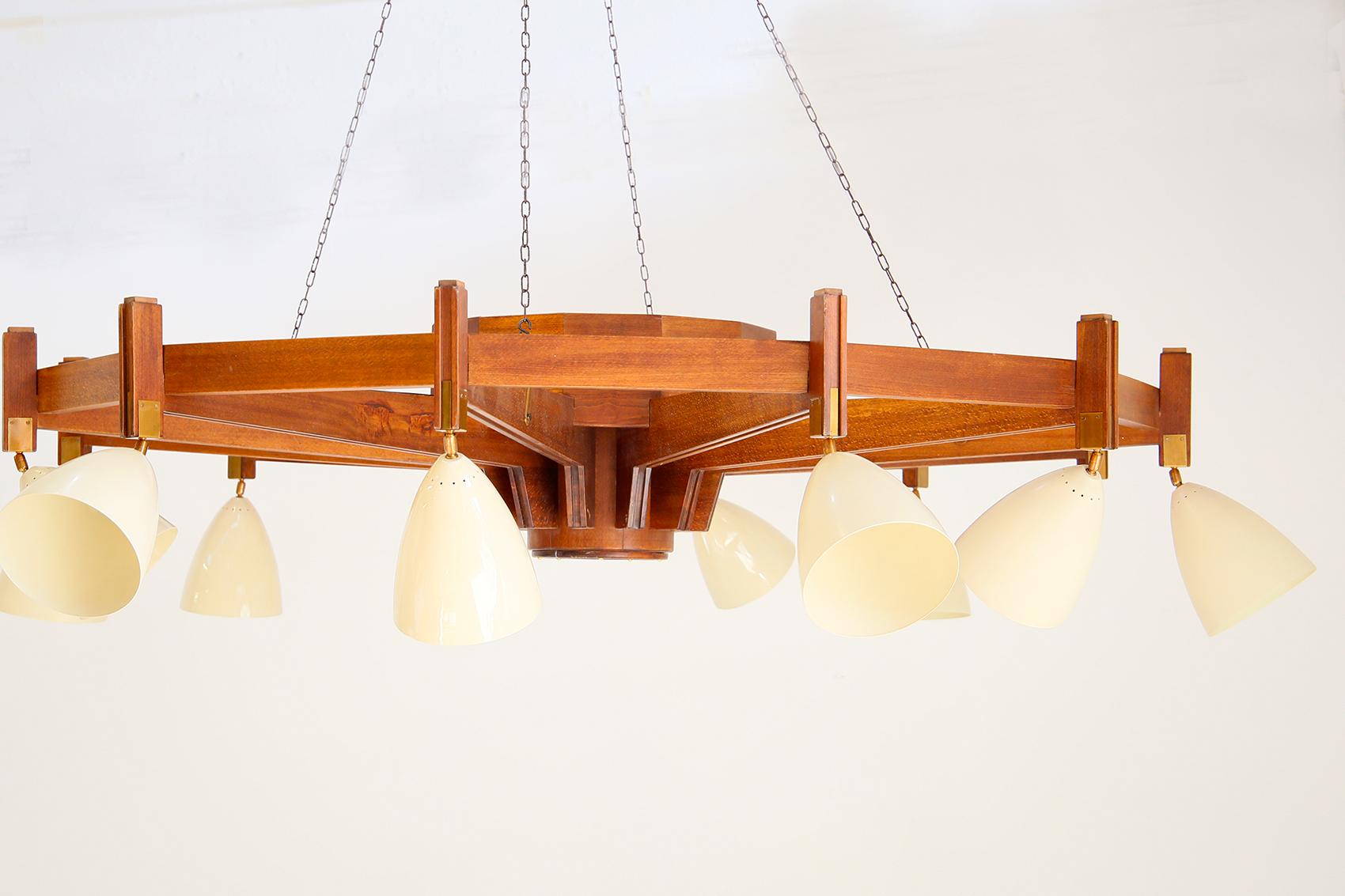 Italian Big Chandelier in the Style Bbpr in Wood and Aluminum and Brass 3