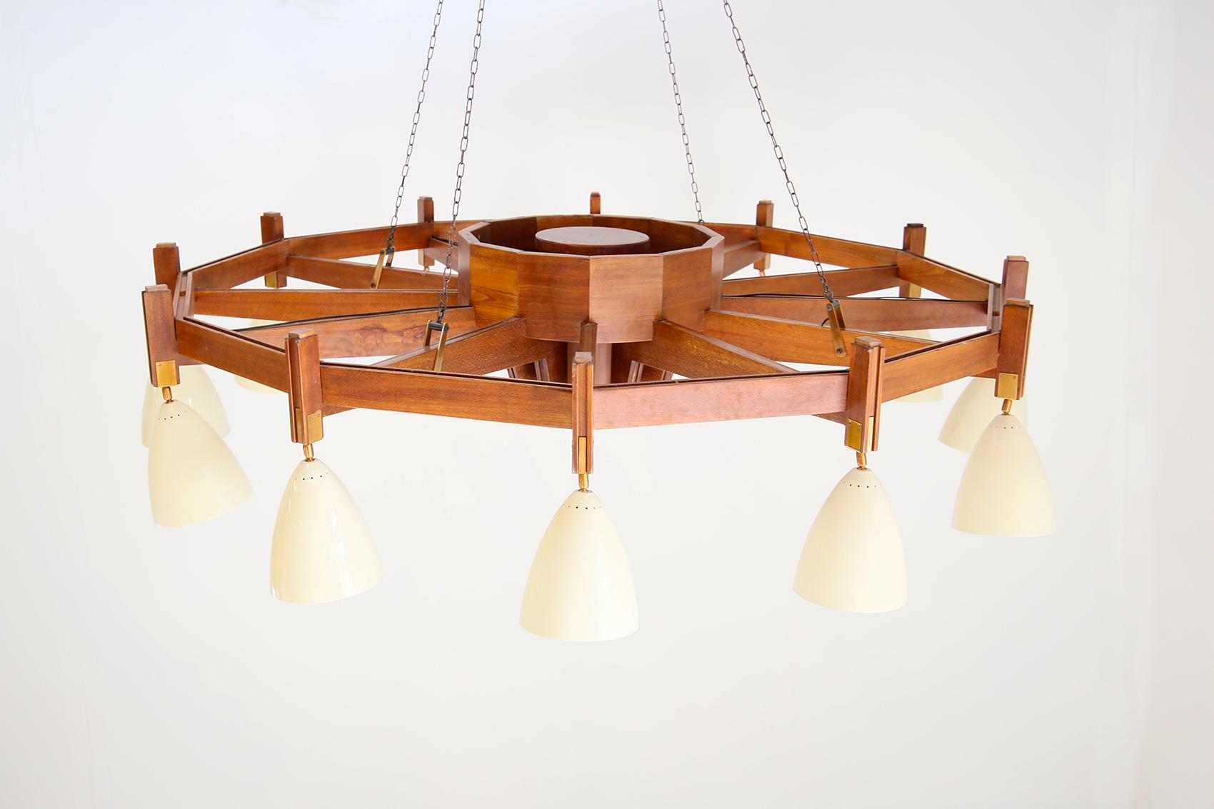 Italian Big Chandelier in the Style Bbpr in Wood and Aluminum and Brass 4