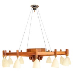 Italian Big Chandelier in the Style Bbpr in Wood and Aluminum and Brass