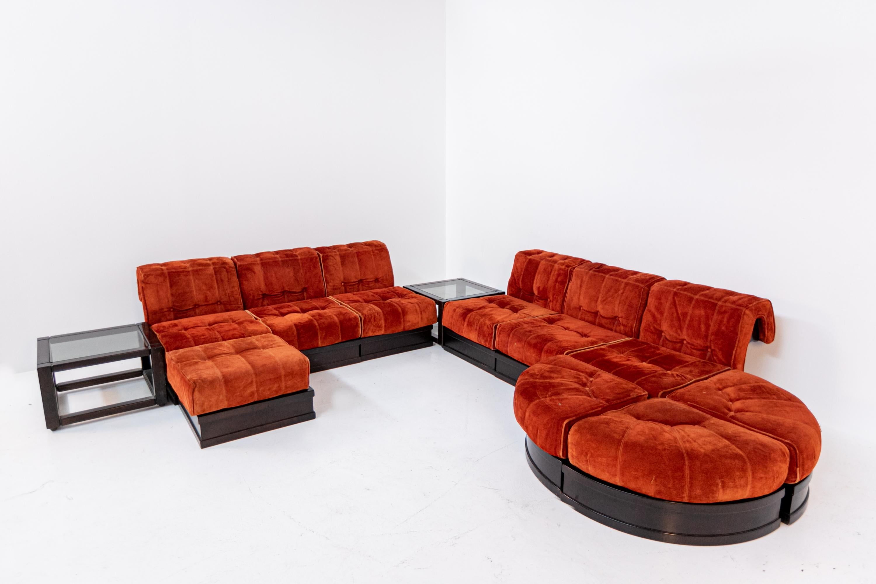 Italian Big Sofa Mod. Cancan by Luciano Frigerio in Orange Velvet and Side Table 3
