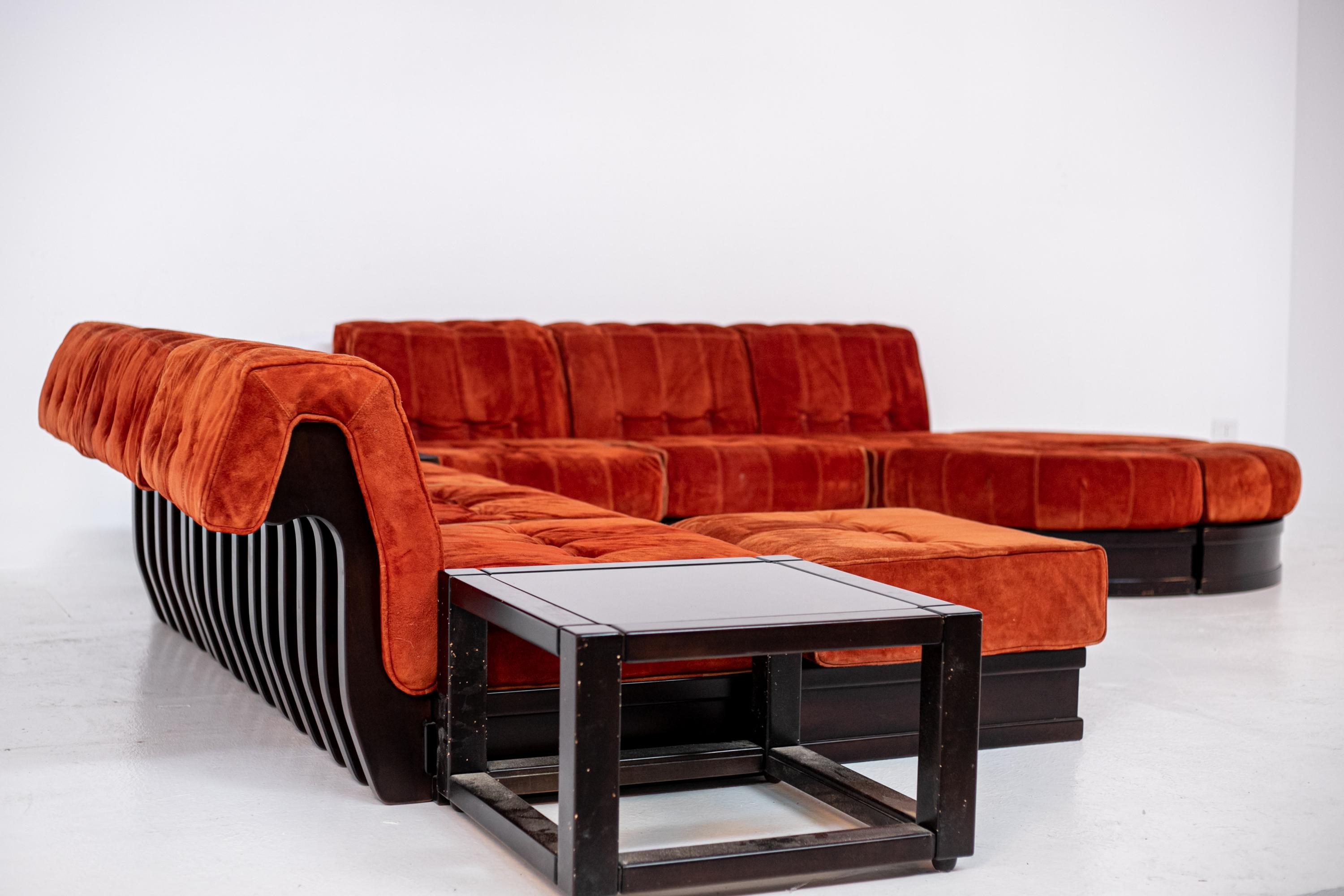 Italian Big Sofa Mod. Cancan by Luciano Frigerio in Orange Velvet and Side Table 5