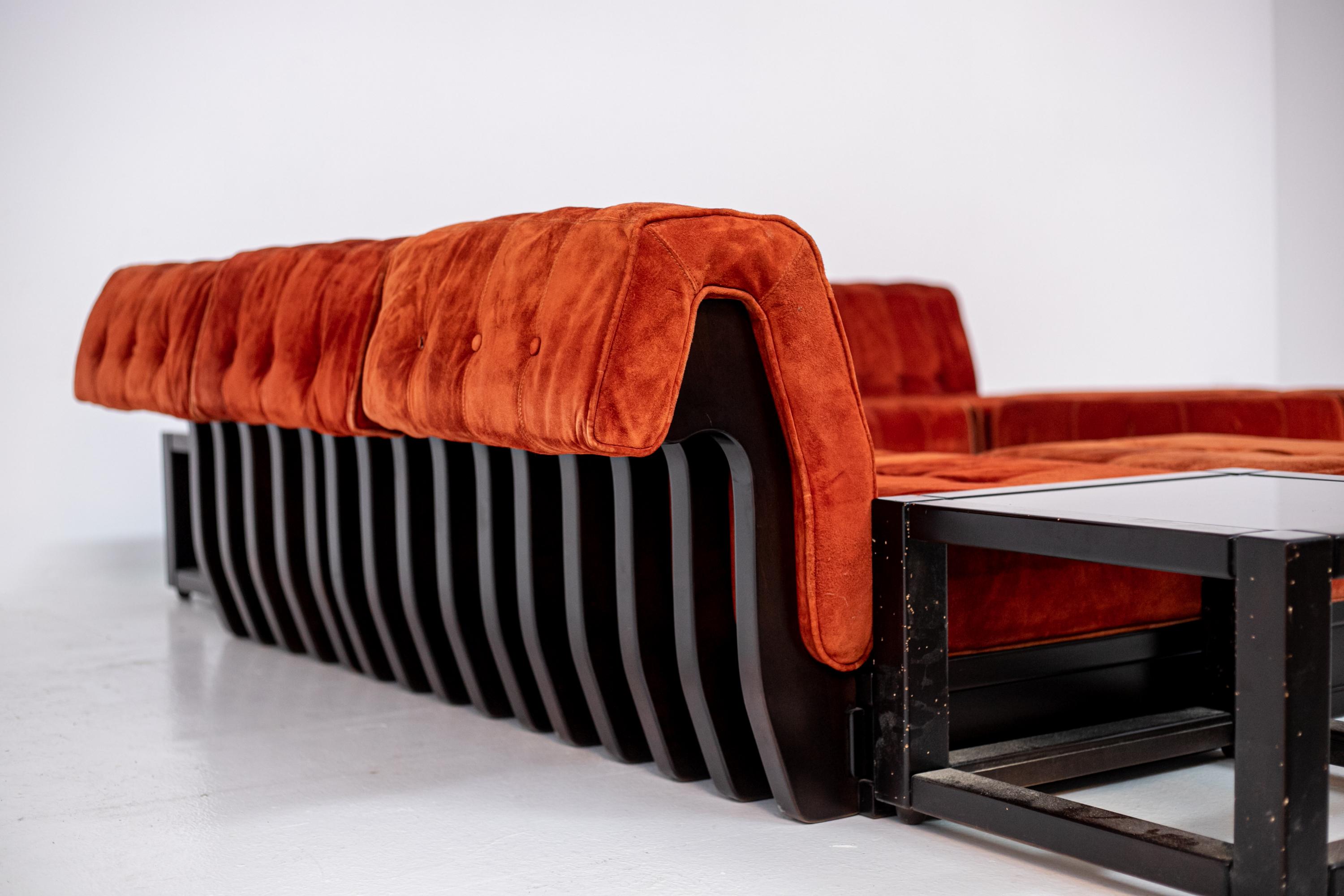 Italian Big Sofa Mod. Cancan by Luciano Frigerio in Orange Velvet and Side Table 6