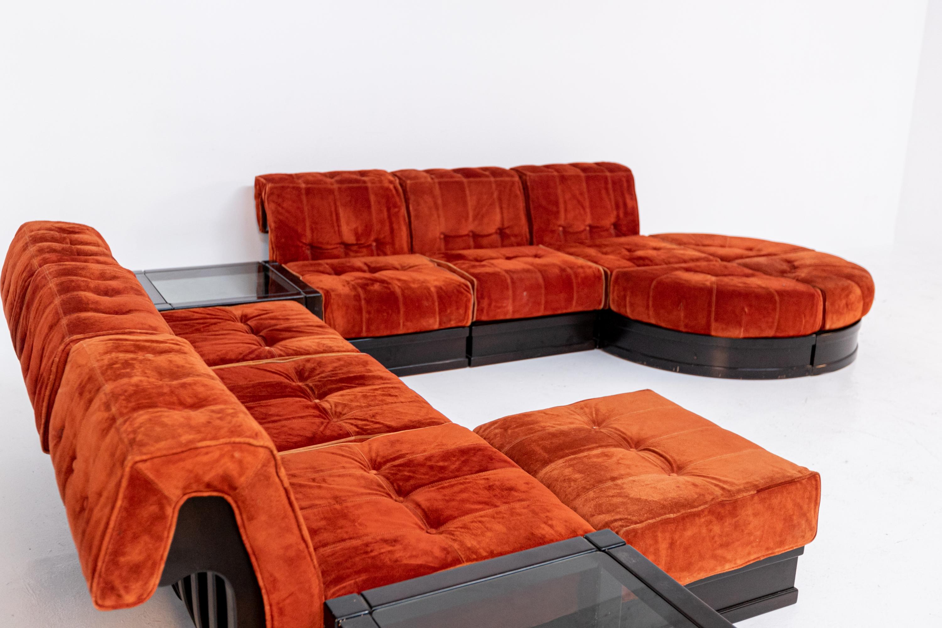 Italian Big Sofa Mod. Cancan by Luciano Frigerio in Orange Velvet and Side Table 9
