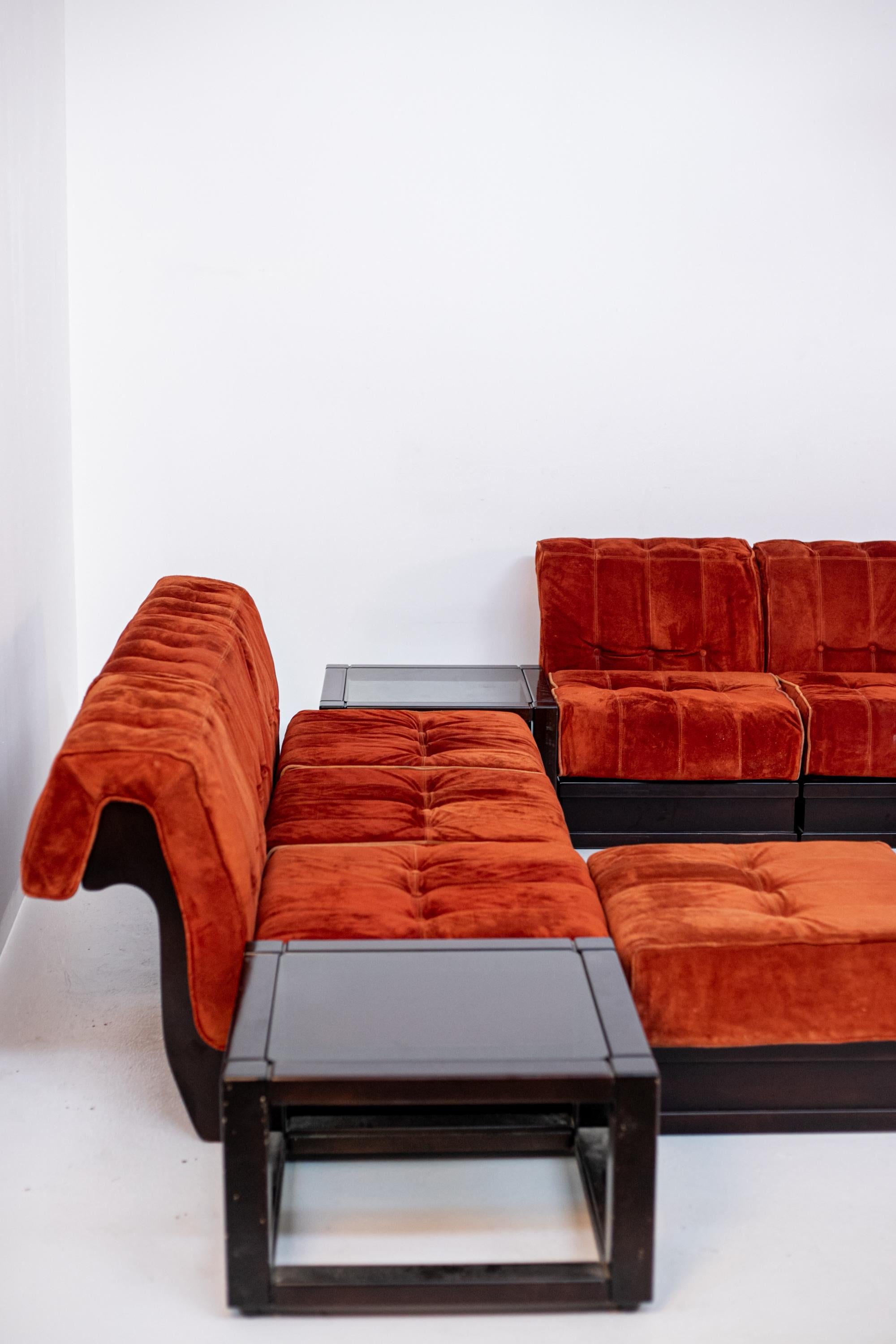 Italian Big Sofa Mod. Cancan by Luciano Frigerio in Orange Velvet and Side Table 12
