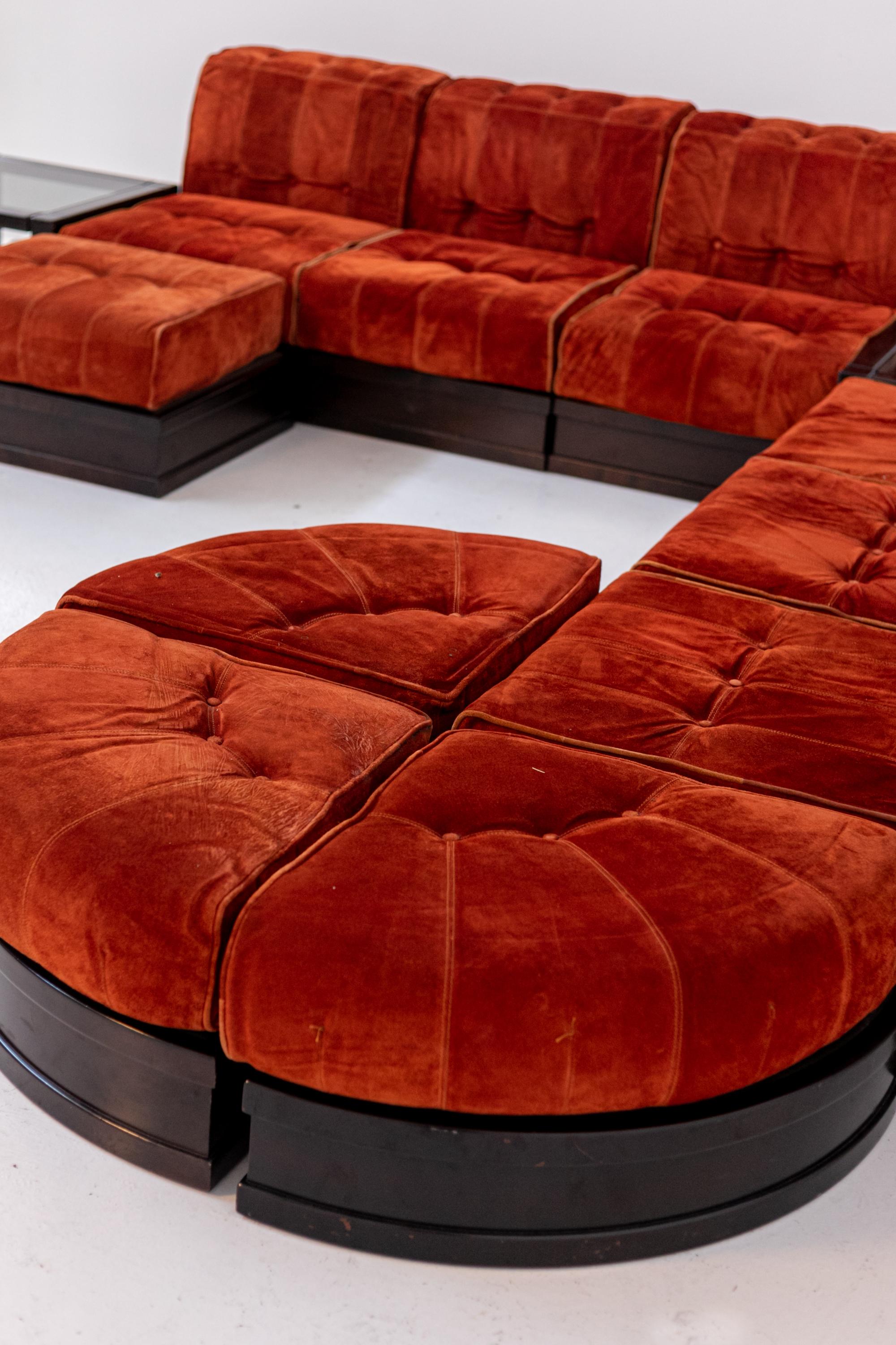 Italian Big Sofa Mod. Cancan by Luciano Frigerio in Orange Velvet and Side Table 1