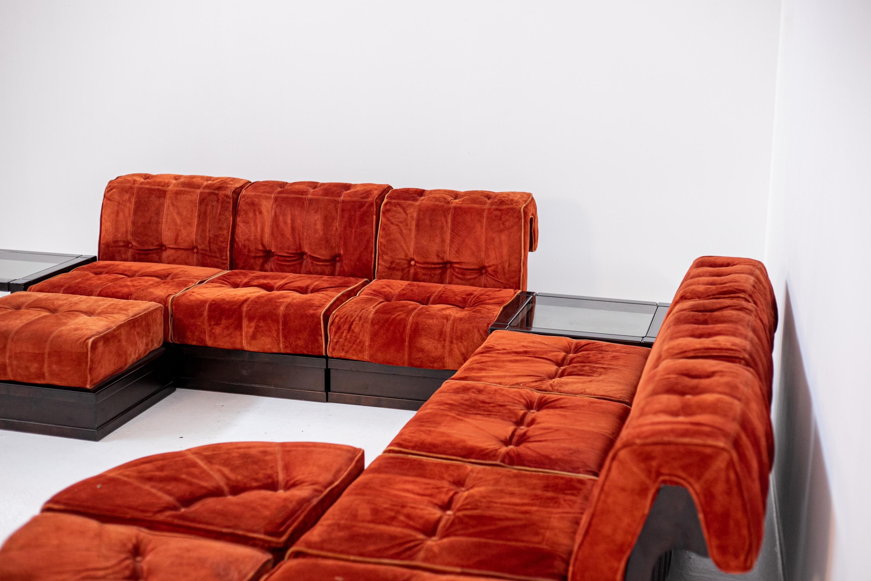 Italian Big Sofa Mod. Cancan by Luciano Frigerio in Orange Velvet and Side Table 2