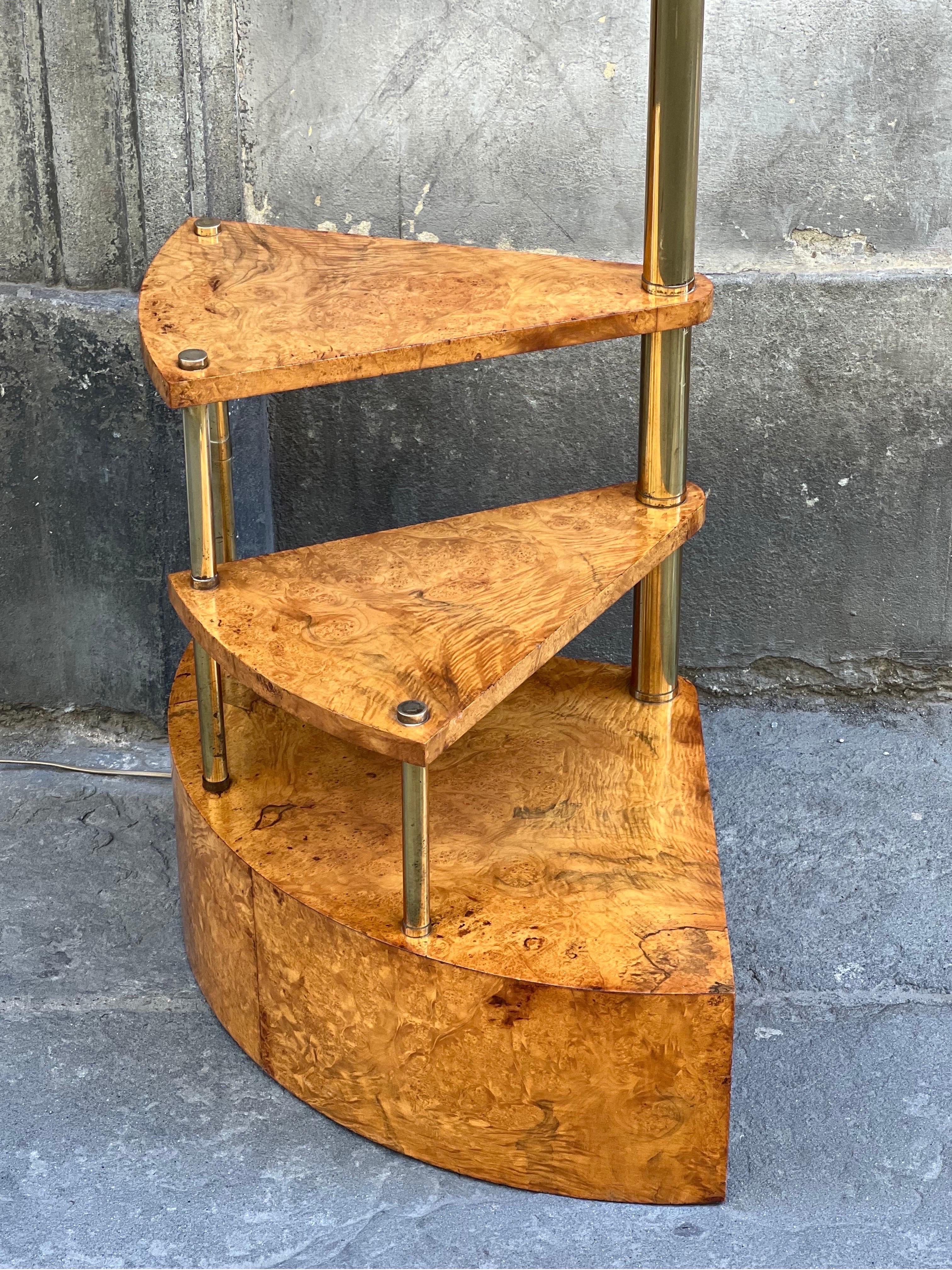 Italian Birch Burl Library Ladder with Spiral Steps and Brass Floor Lamp, 1950s 1