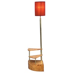 Lampadaire de bibliothèque italien en loupe de bouleau avec marches en spirale et lampadaire en laiton, années 1950