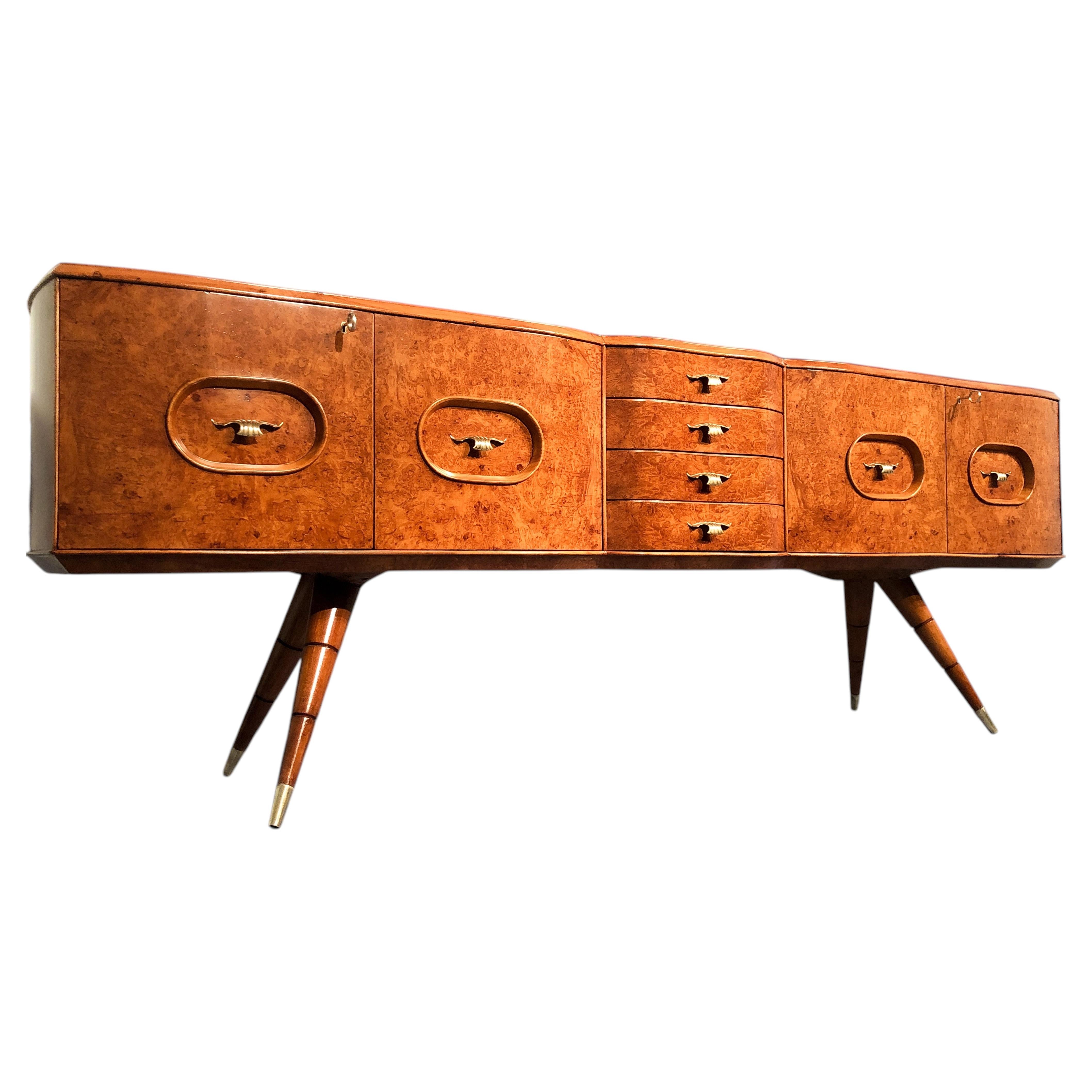 Italian Birch Sideboard with Sculptural Brass Handles, Mid-Century, 1950s
