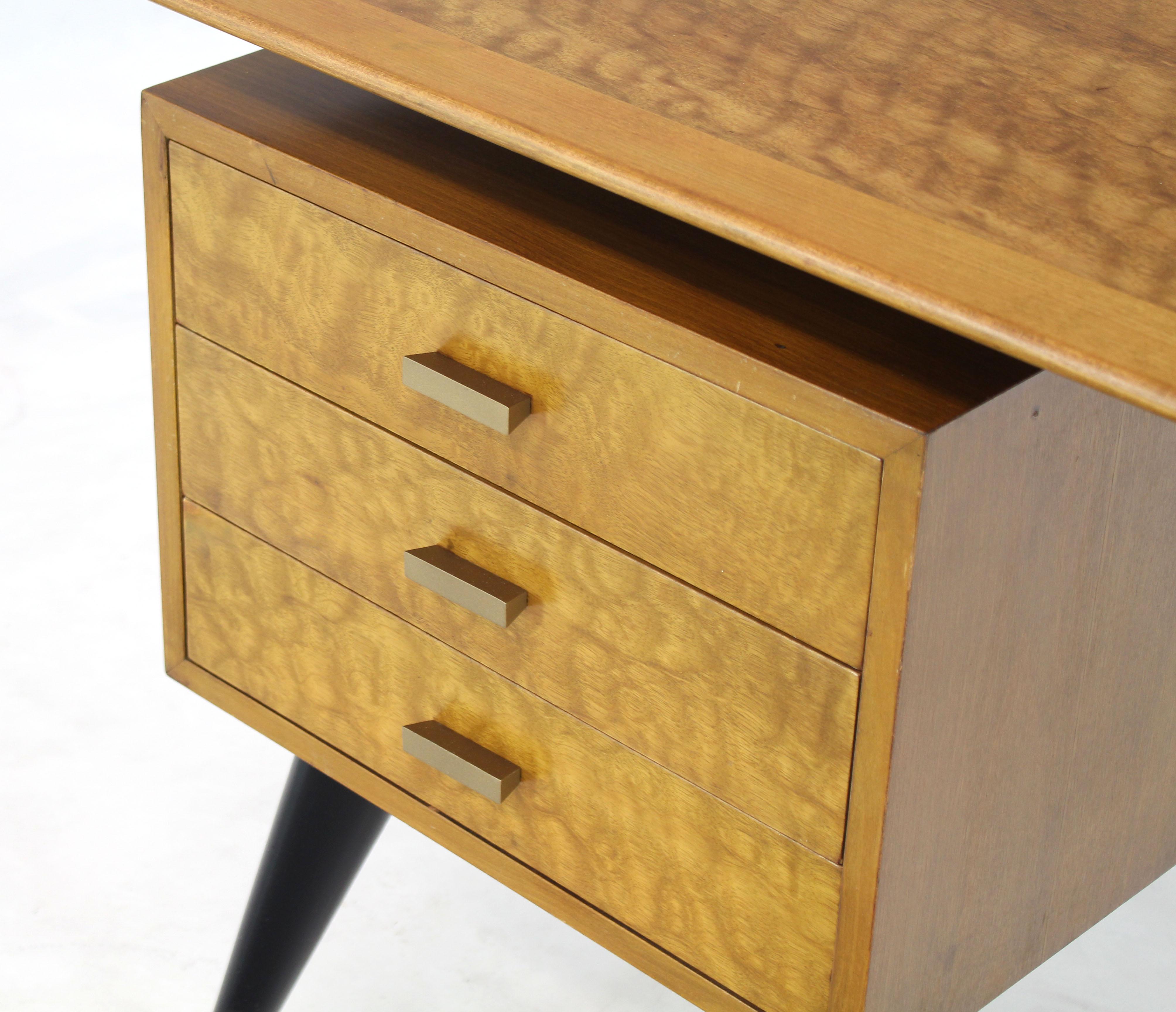Lacquered Italian Birch Tiger Maple Exposed Sculptural Legs One Pedestal 4 Drawers Desk