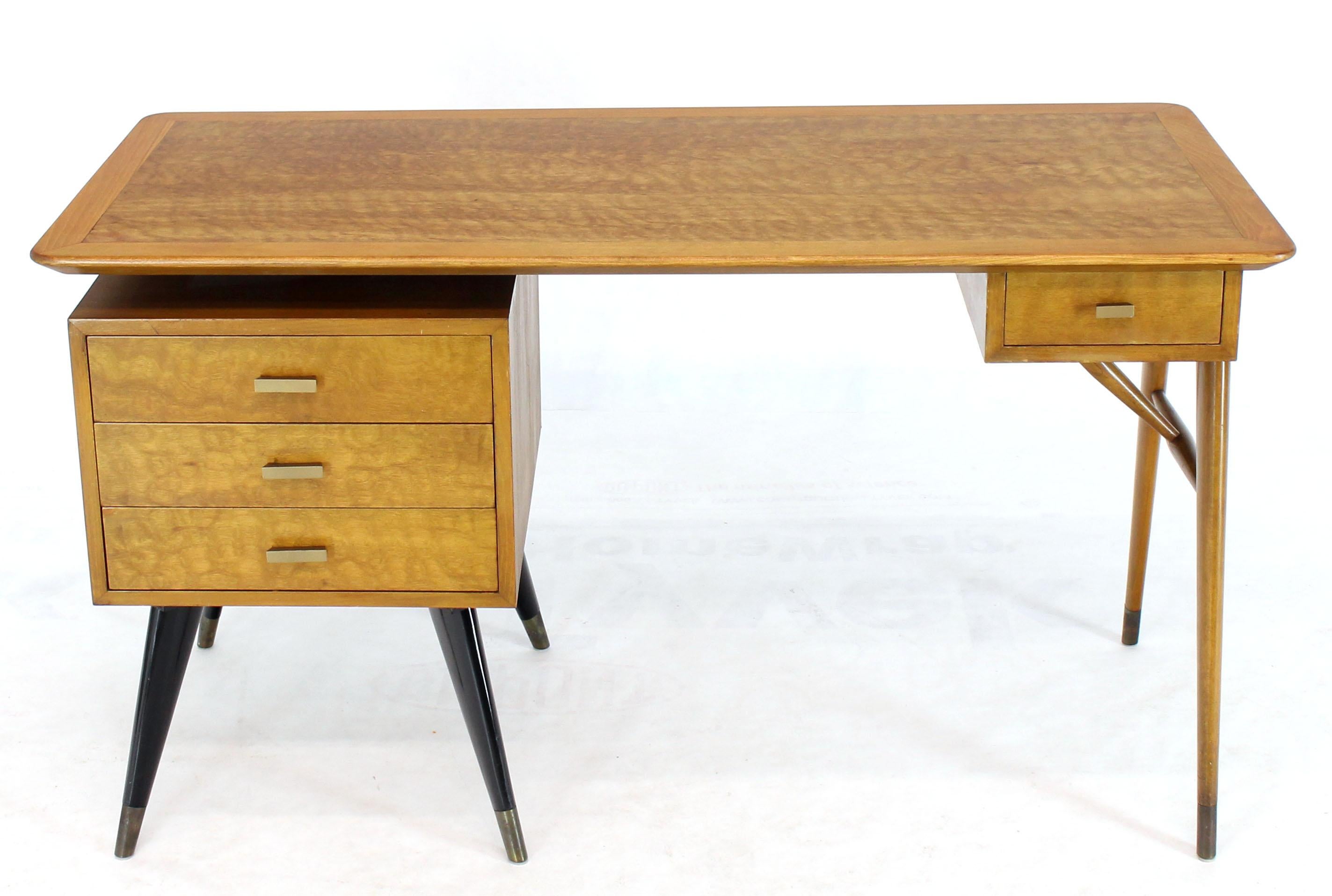 20th Century Italian Birch Tiger Maple Exposed Sculptural Legs One Pedestal 4 Drawers Desk