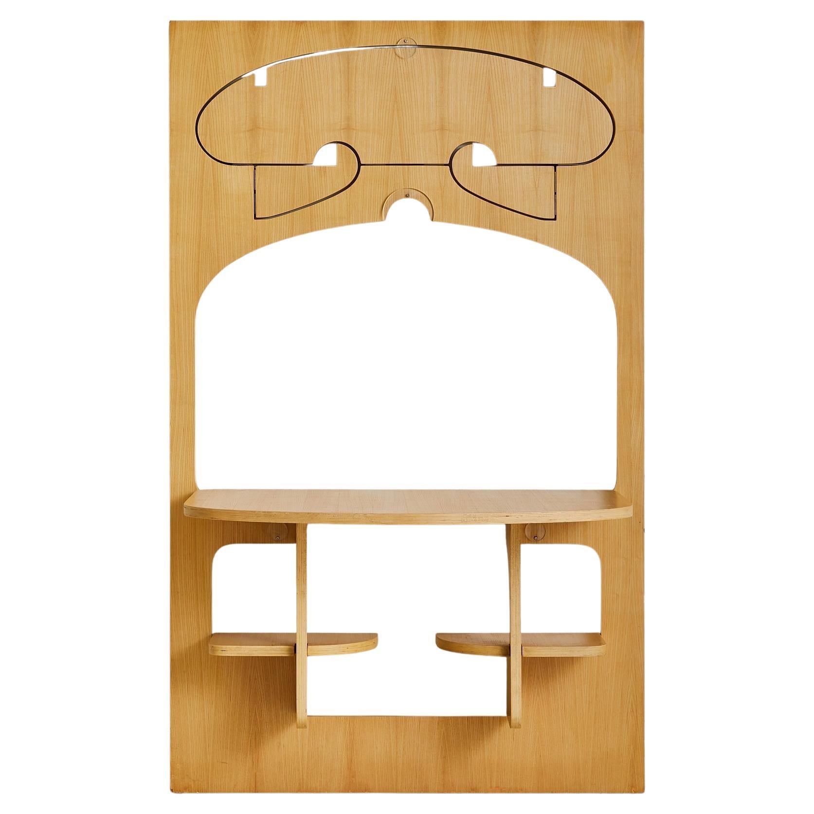 Italian Birch Wall-Mounted Folding Table with Shelves by Anonima Design, 1970 For Sale