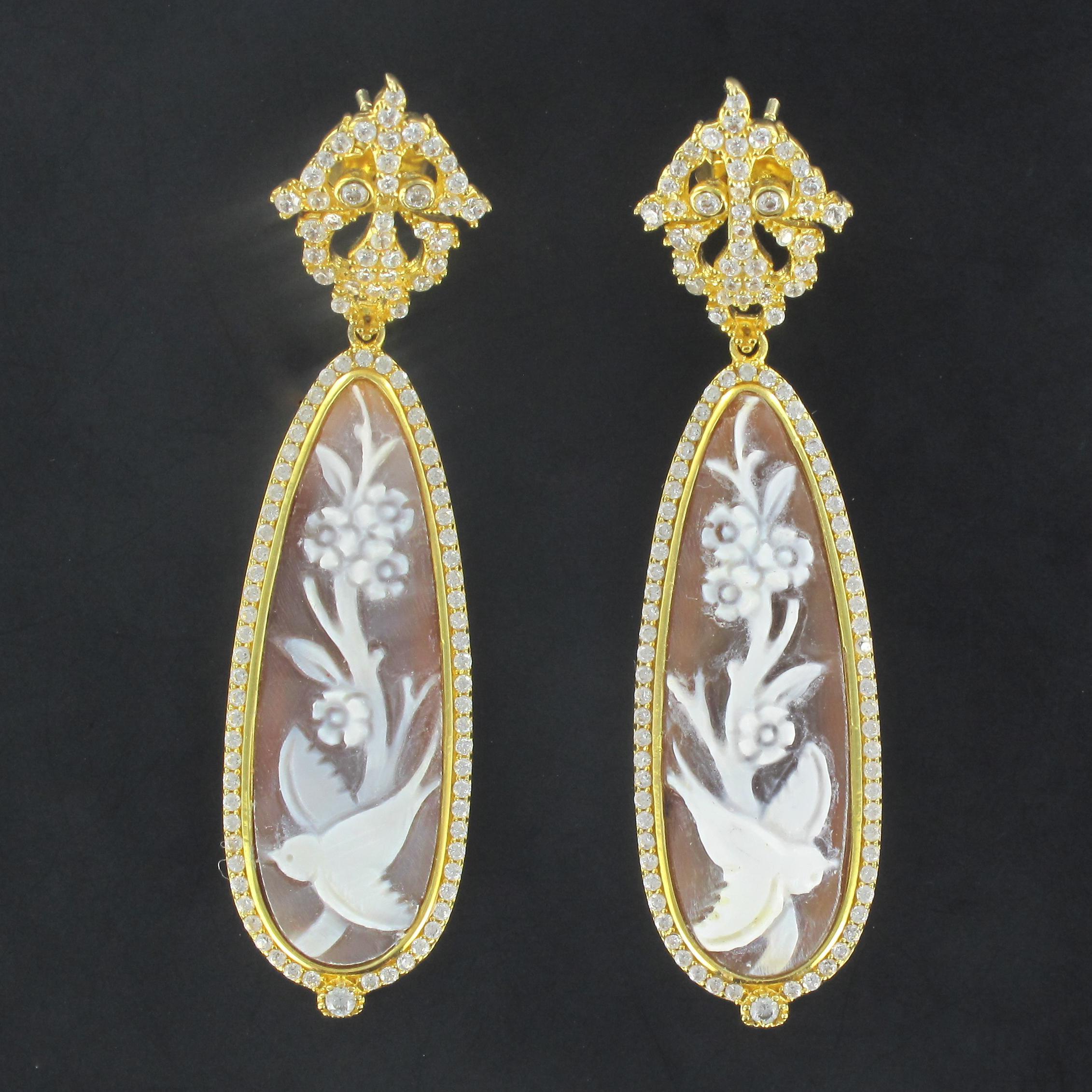 Baroque Italian Bird Cameo on Shell Crystal Dangle Earrings