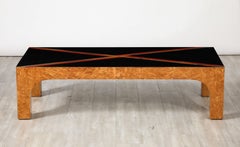 Italian Birds Eye Maple and Black Glass Cocktail Table, circa 1970