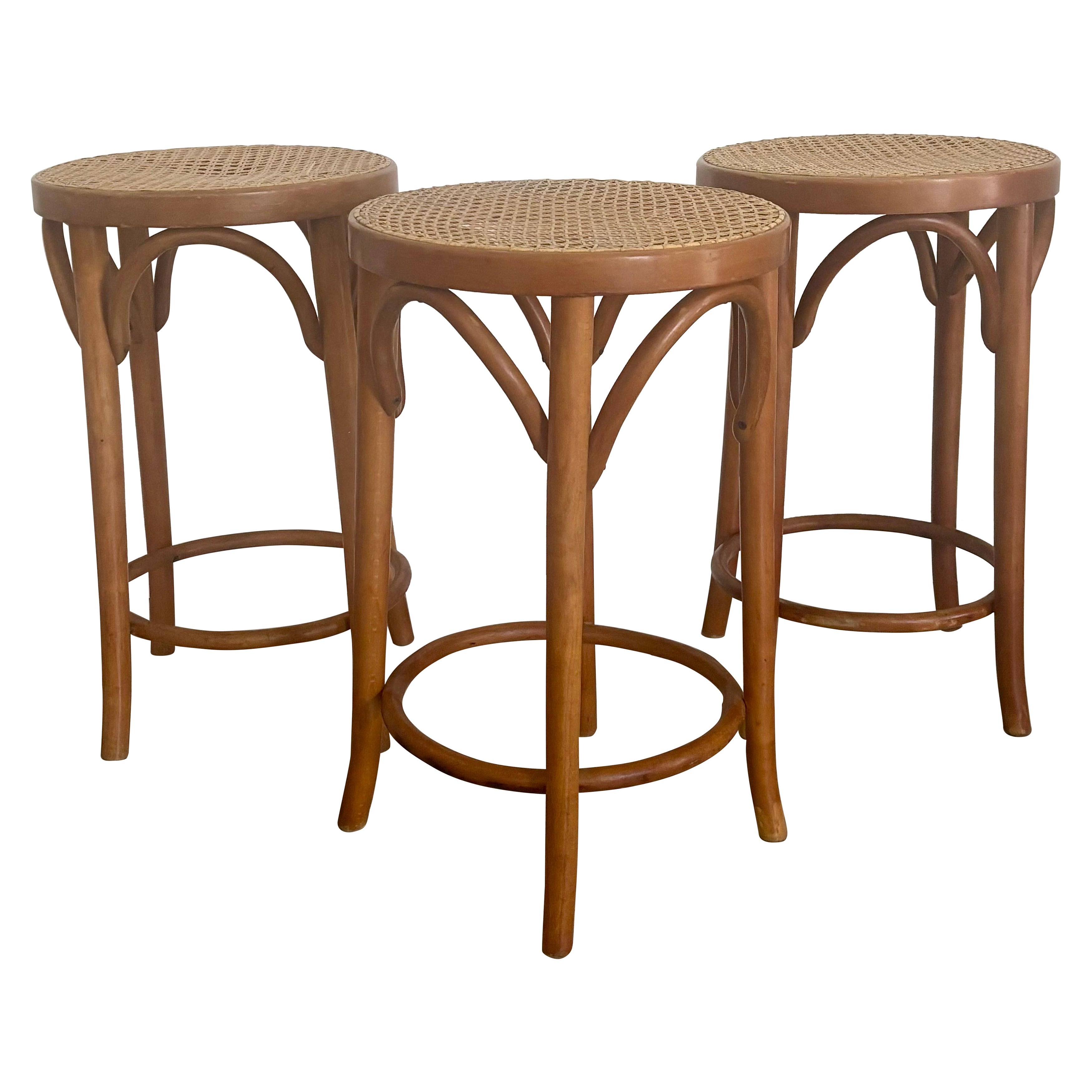 Taburetes de altura de mostrador de madera curvada y caña estilo bistró italiano de mediados de siglo en venta