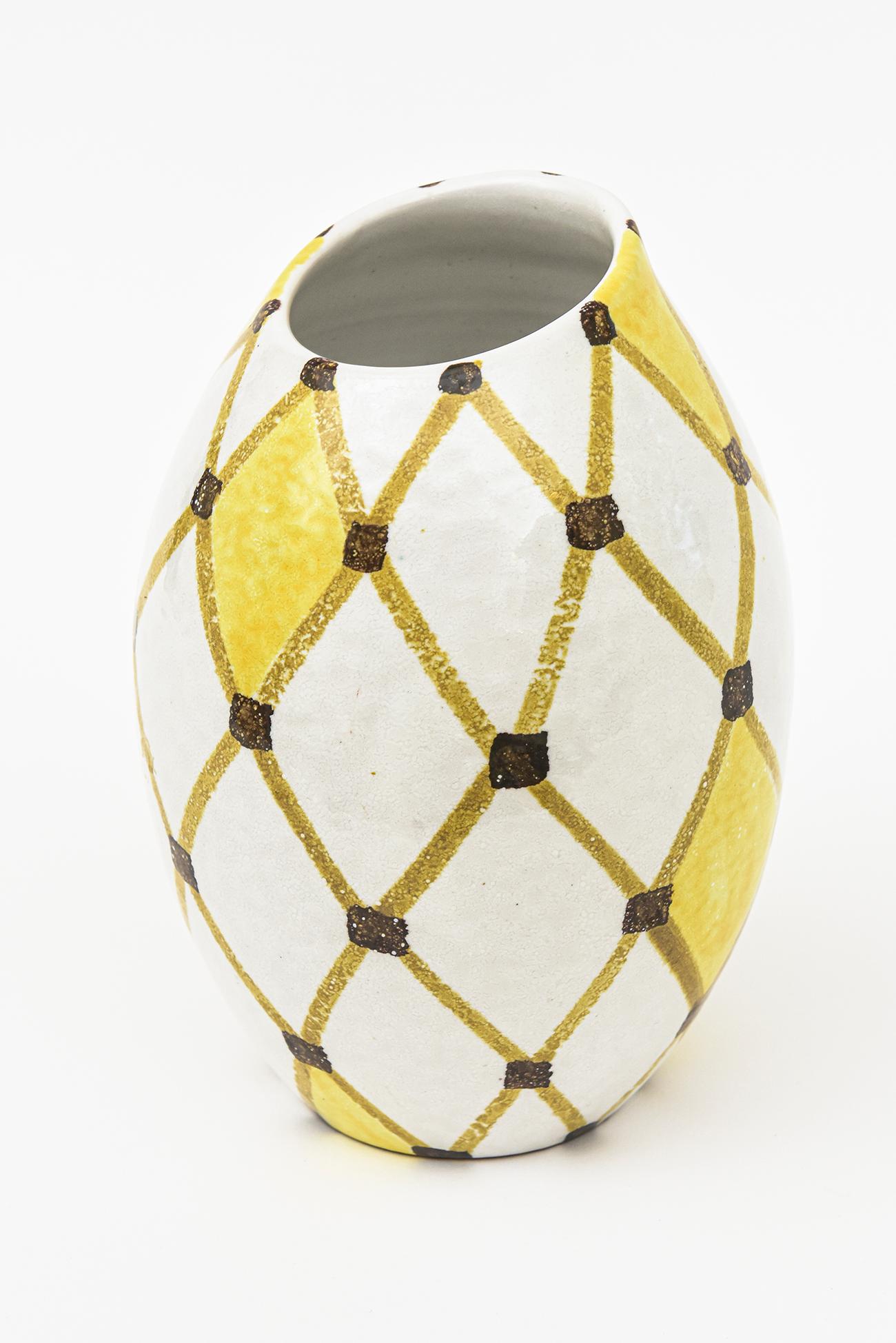 Modern Italian Vintage Bitossi Ceramic Diamond Patterned Angled Vase Or Vessel