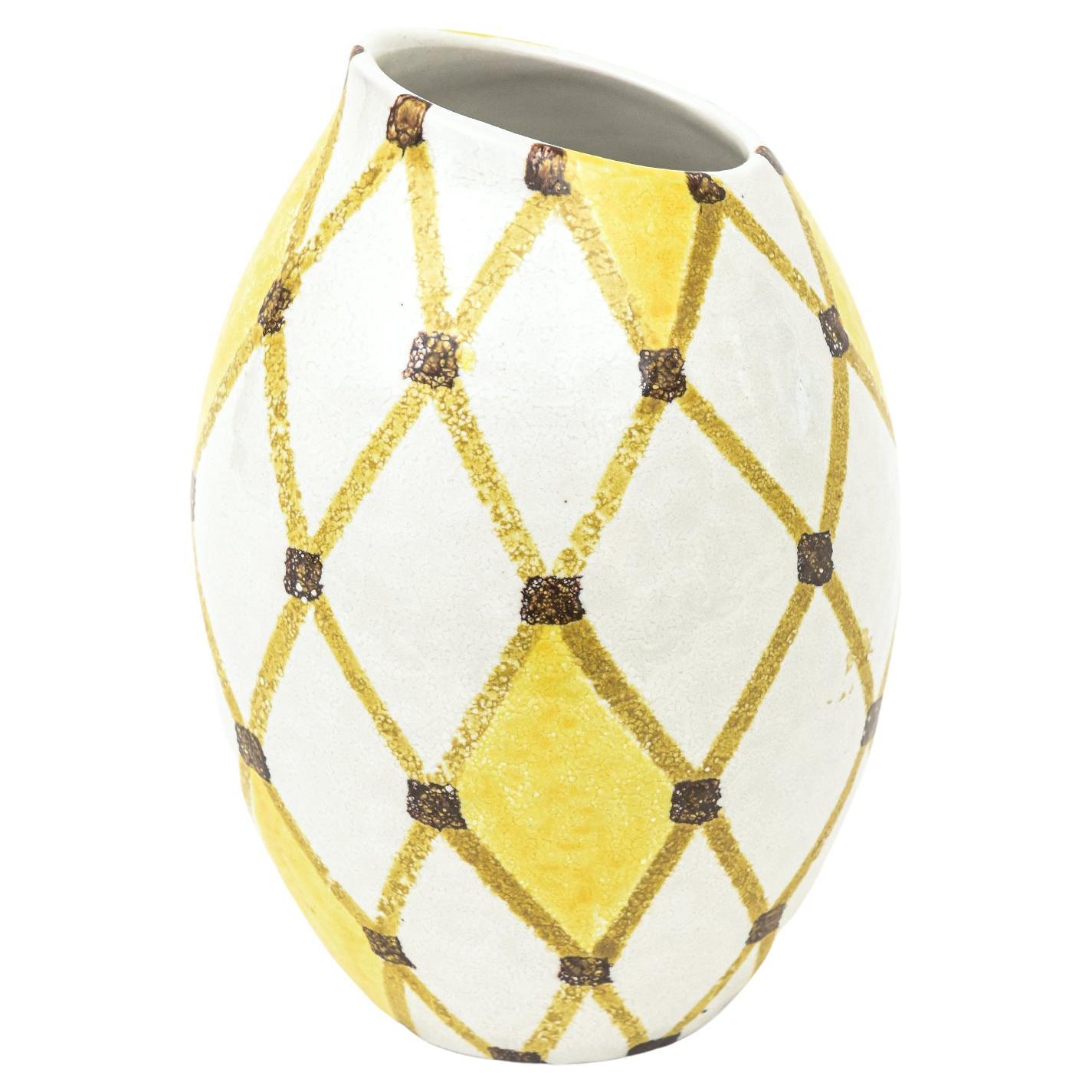 Italian Vintage Bitossi Ceramic Diamond Patterned Angled Vase Or Vessel
