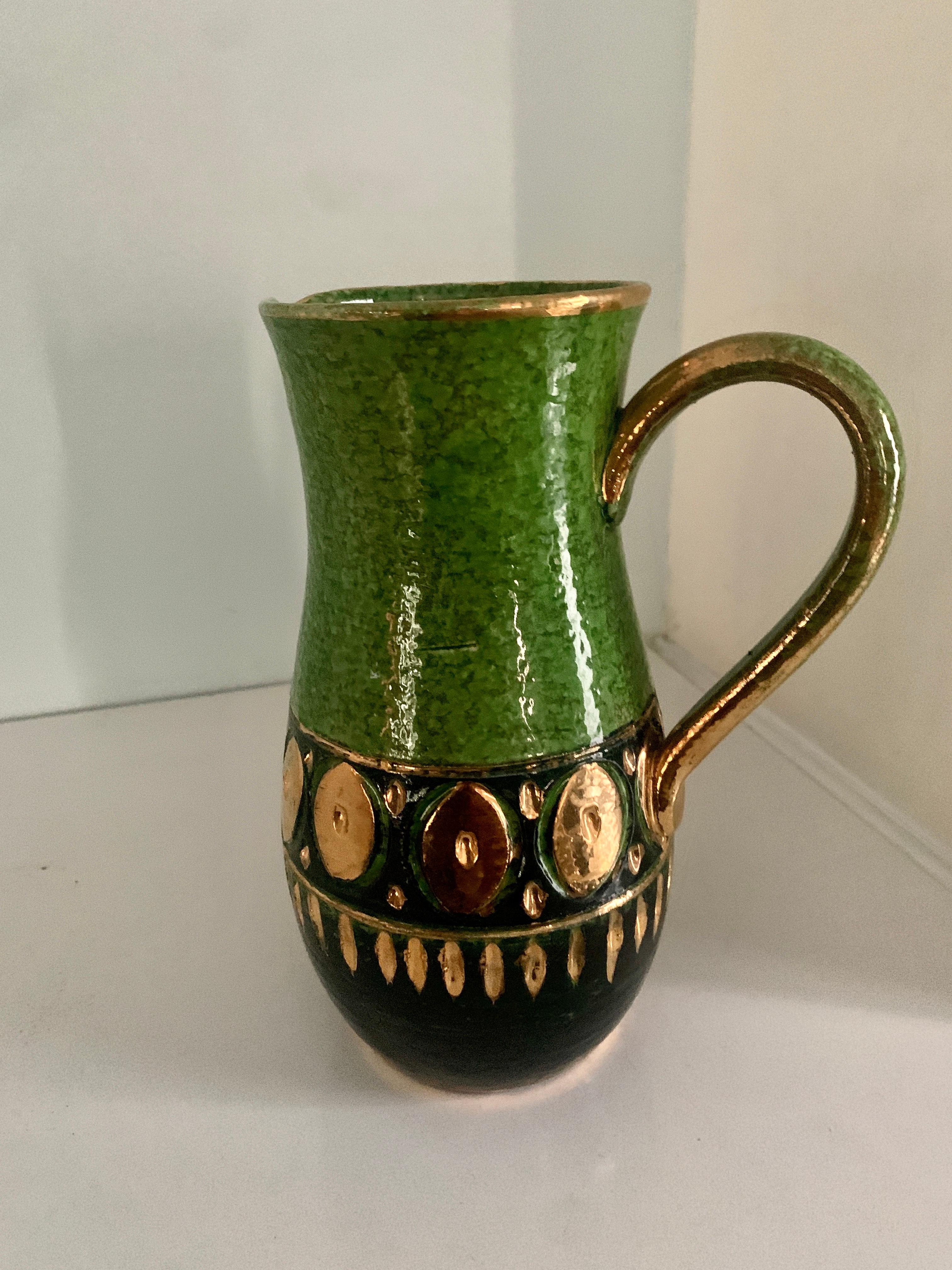 Italian Bitossi Ceramic Pitcher with Green and Gold Accents 3