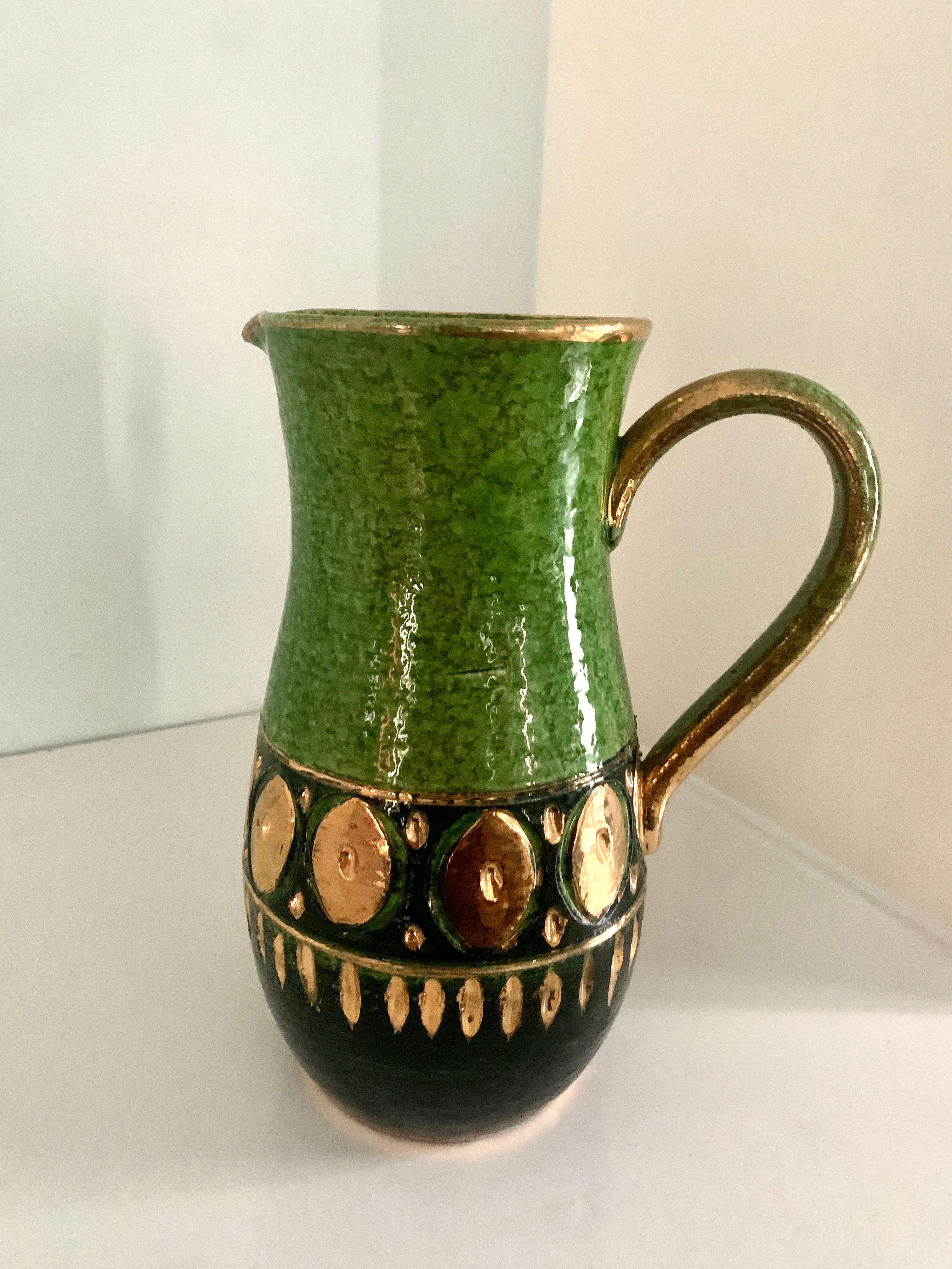 Italian Bitossi Ceramic Pitcher with Green and Gold Accents 4