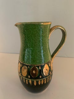 Italian Bitossi Ceramic Pitcher with Green and Gold Accents