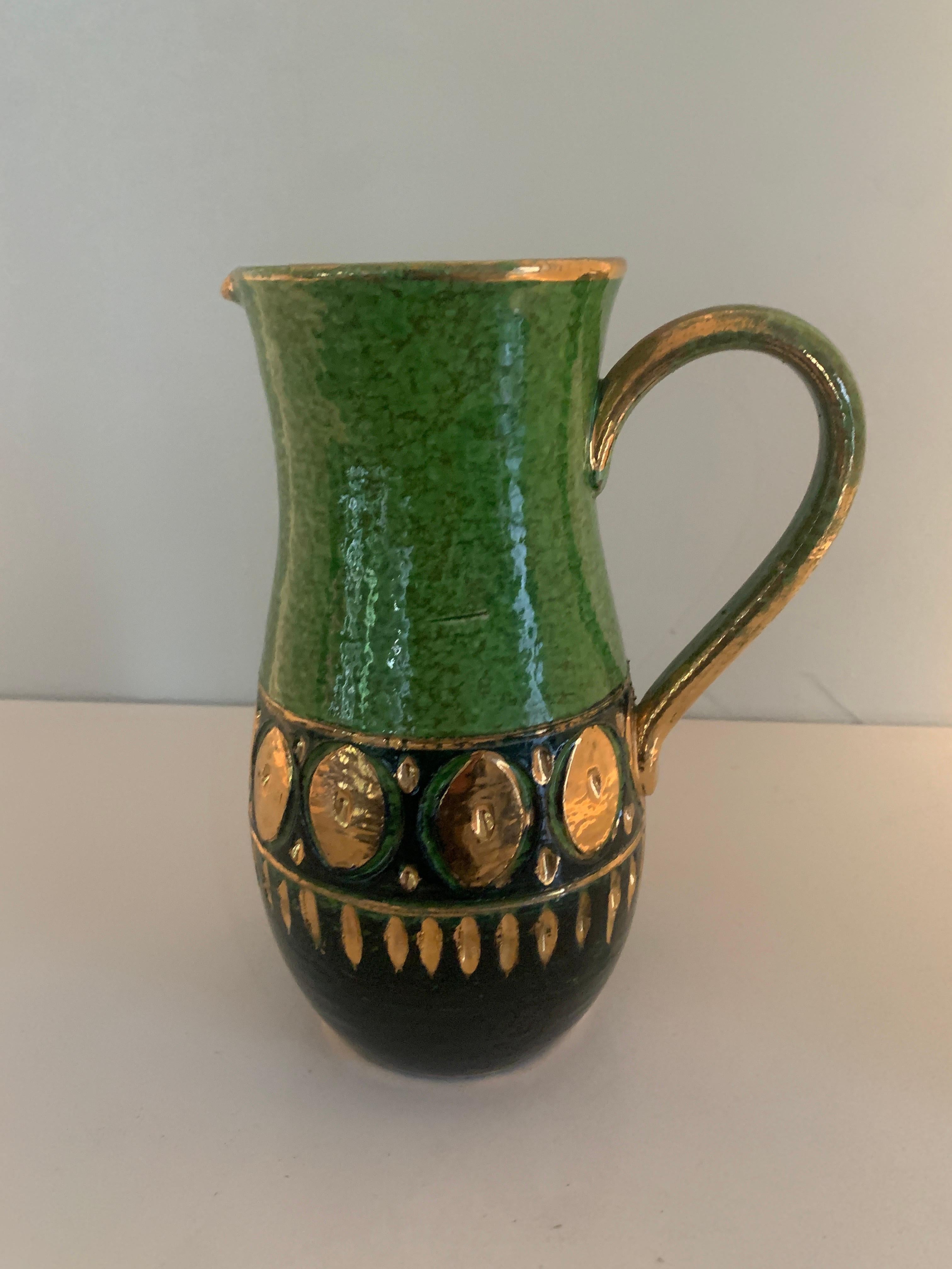 Mid-Century Modern Italian Bitossi Ceramic Pitcher with Green and Gold Accents