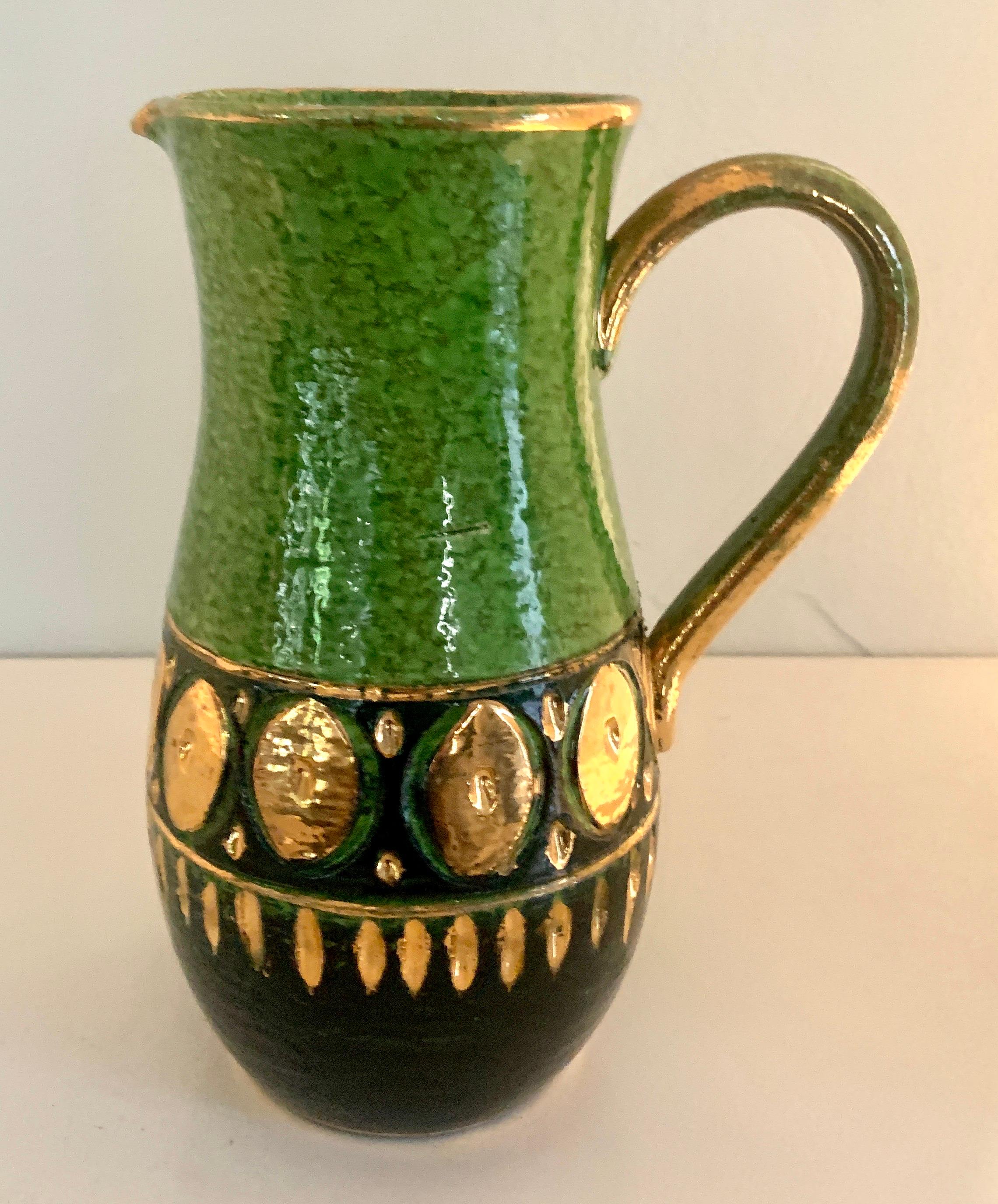 Italian Bitossi Ceramic Pitcher with Green and Gold Accents In Good Condition In Los Angeles, CA