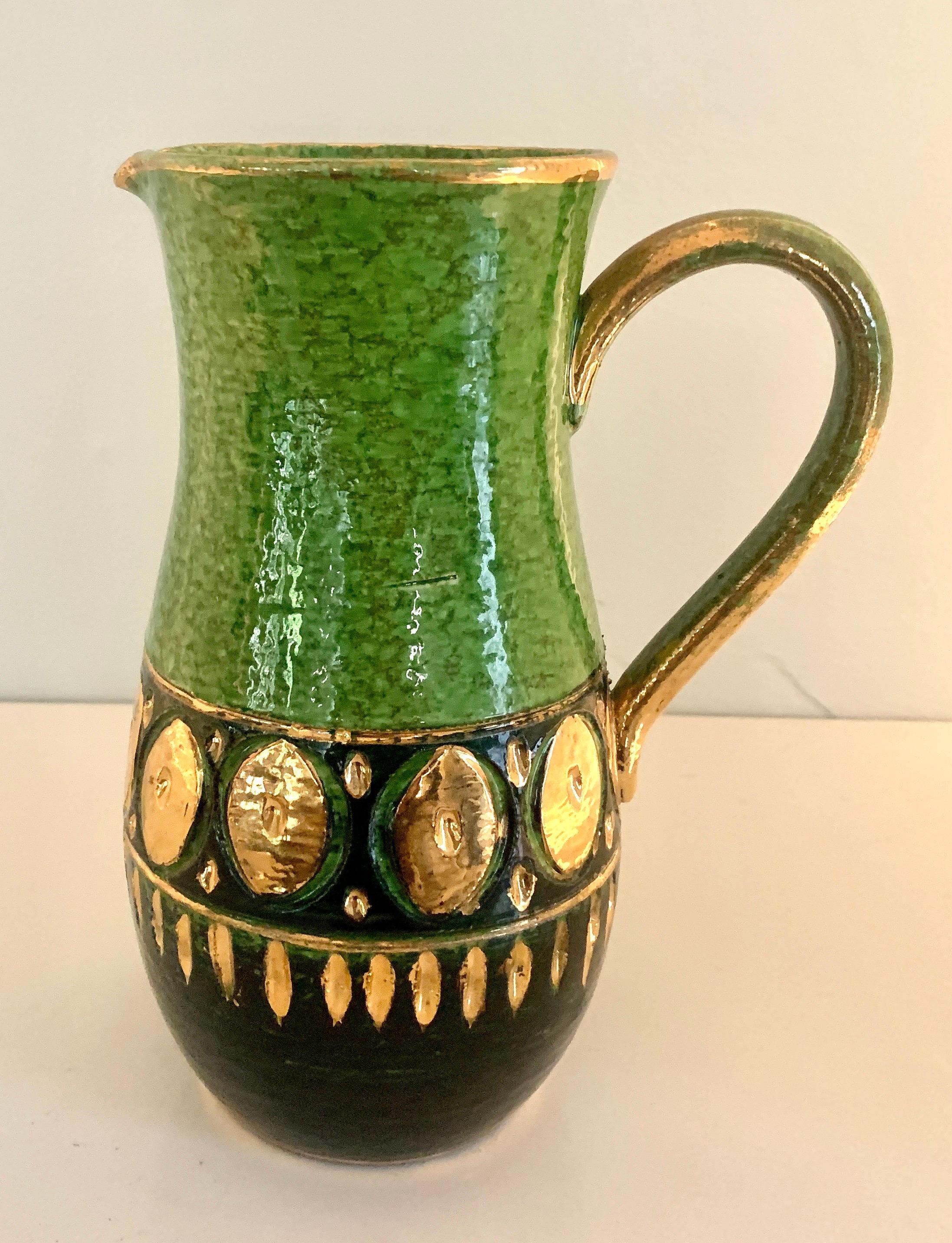 20th Century Italian Bitossi Ceramic Pitcher with Green and Gold Accents