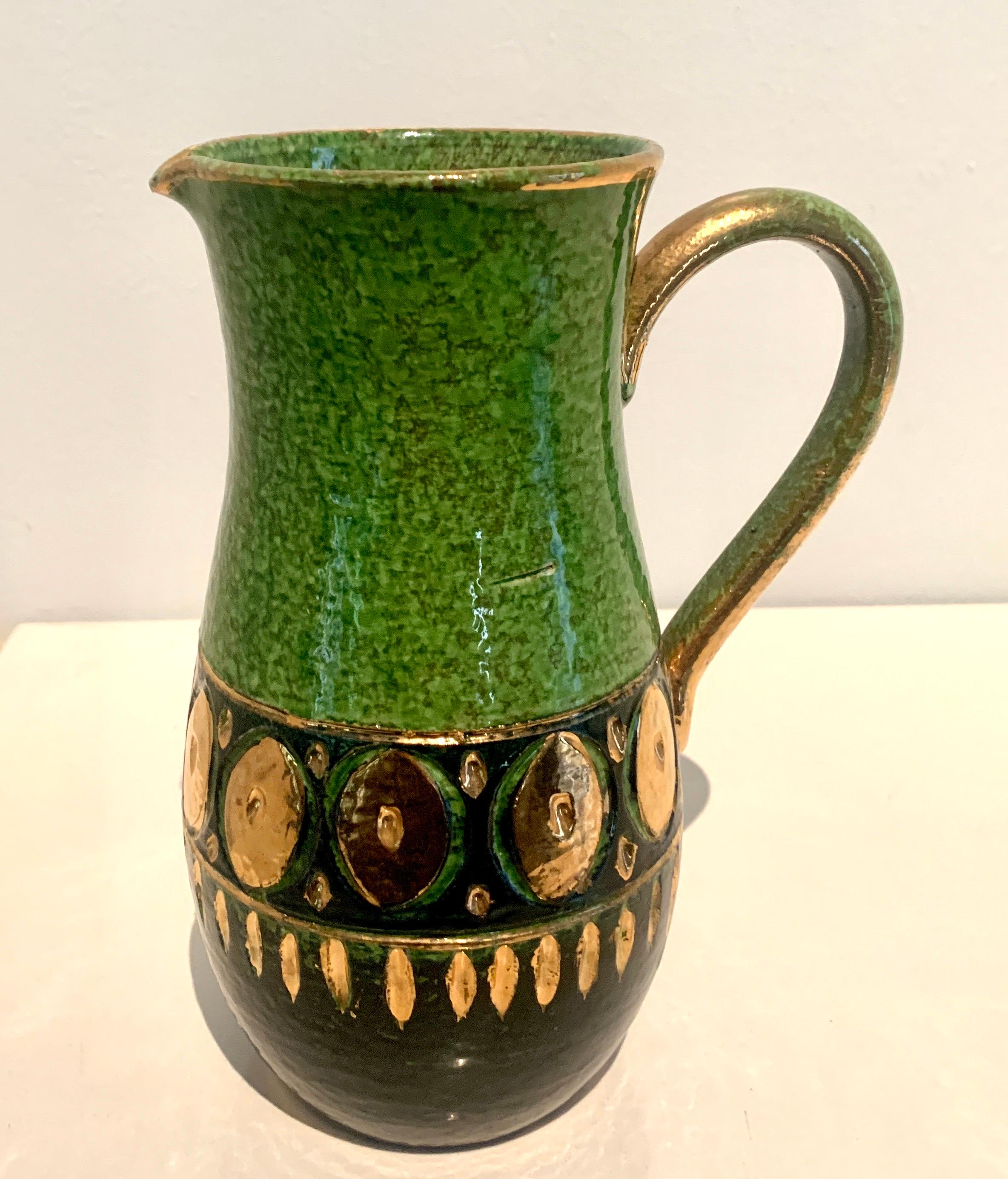 Italian Bitossi Ceramic Pitcher with Green and Gold Accents 1
