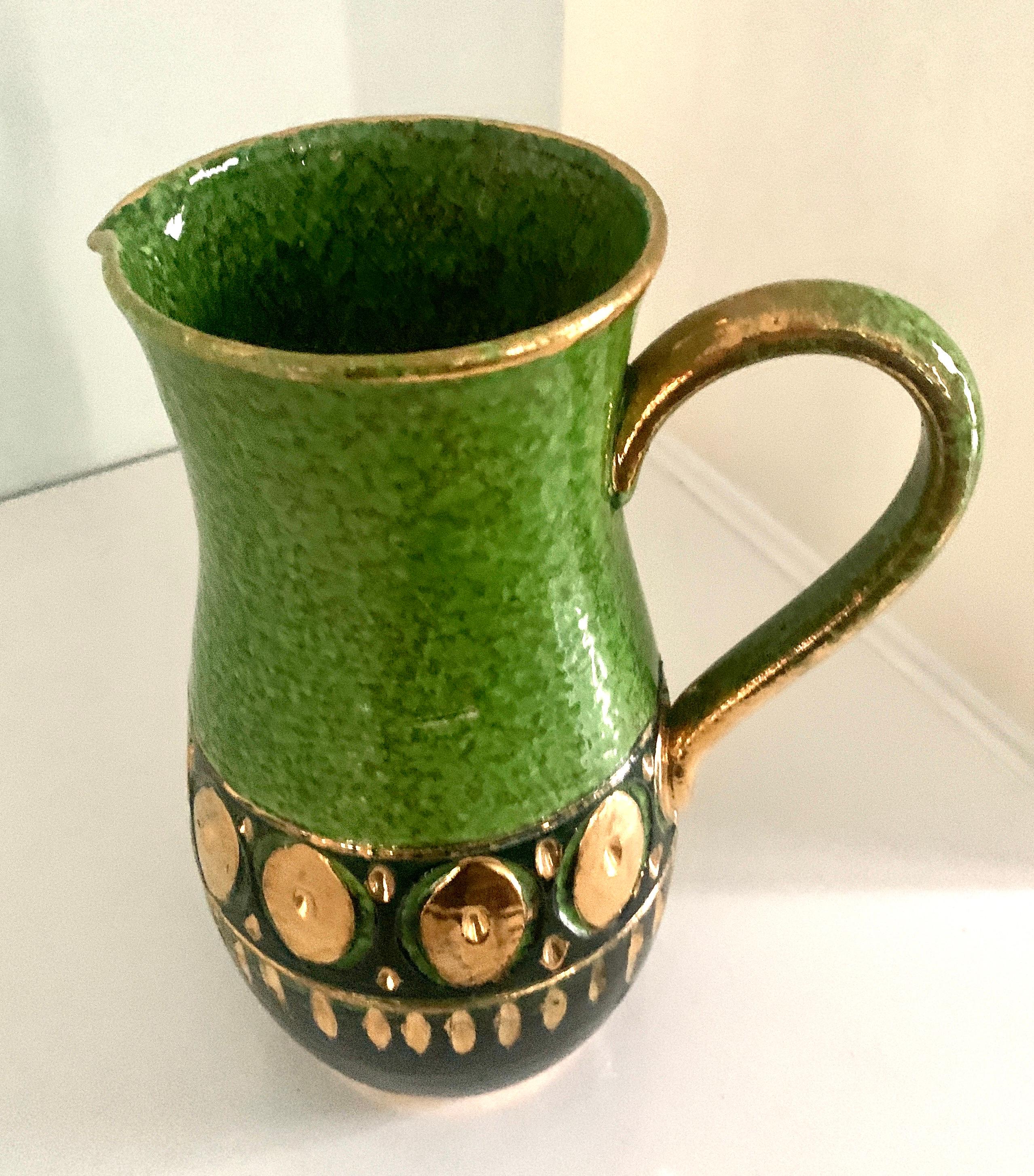 Italian Bitossi Ceramic Pitcher with Green and Gold Accents 2