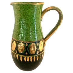 Italian Bitossi Ceramic Pitcher with Green and Gold Accents
