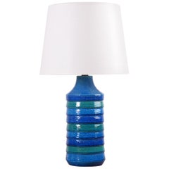 Italian Bitossi Ceramic Table Lamp Turquoise Blue Stripes with Lamp Shade, 1960s