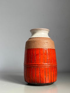 Italian Bitossi Ceramic Vase, Hand-Painted, Orange Red Glaze, 1960s