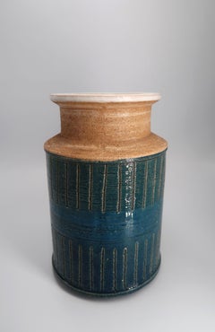Italian Bitossi Handmade Ceramic Dark Teal, Blue, White Vase, 1960s
