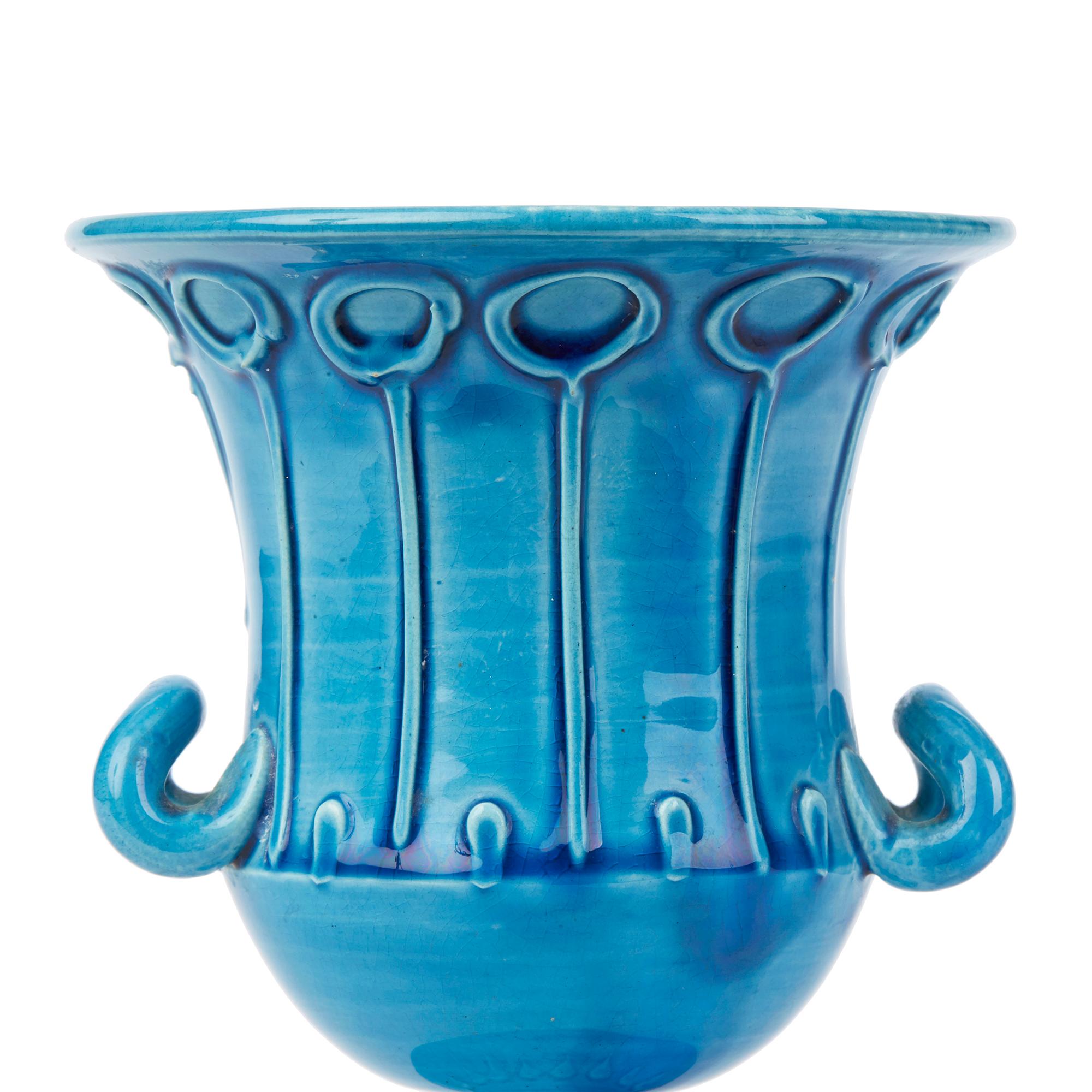 Mid-Century Modern Italian Bitossi Twin Handled Pottery Campana Turquoise Glazed Vase, circa 1950