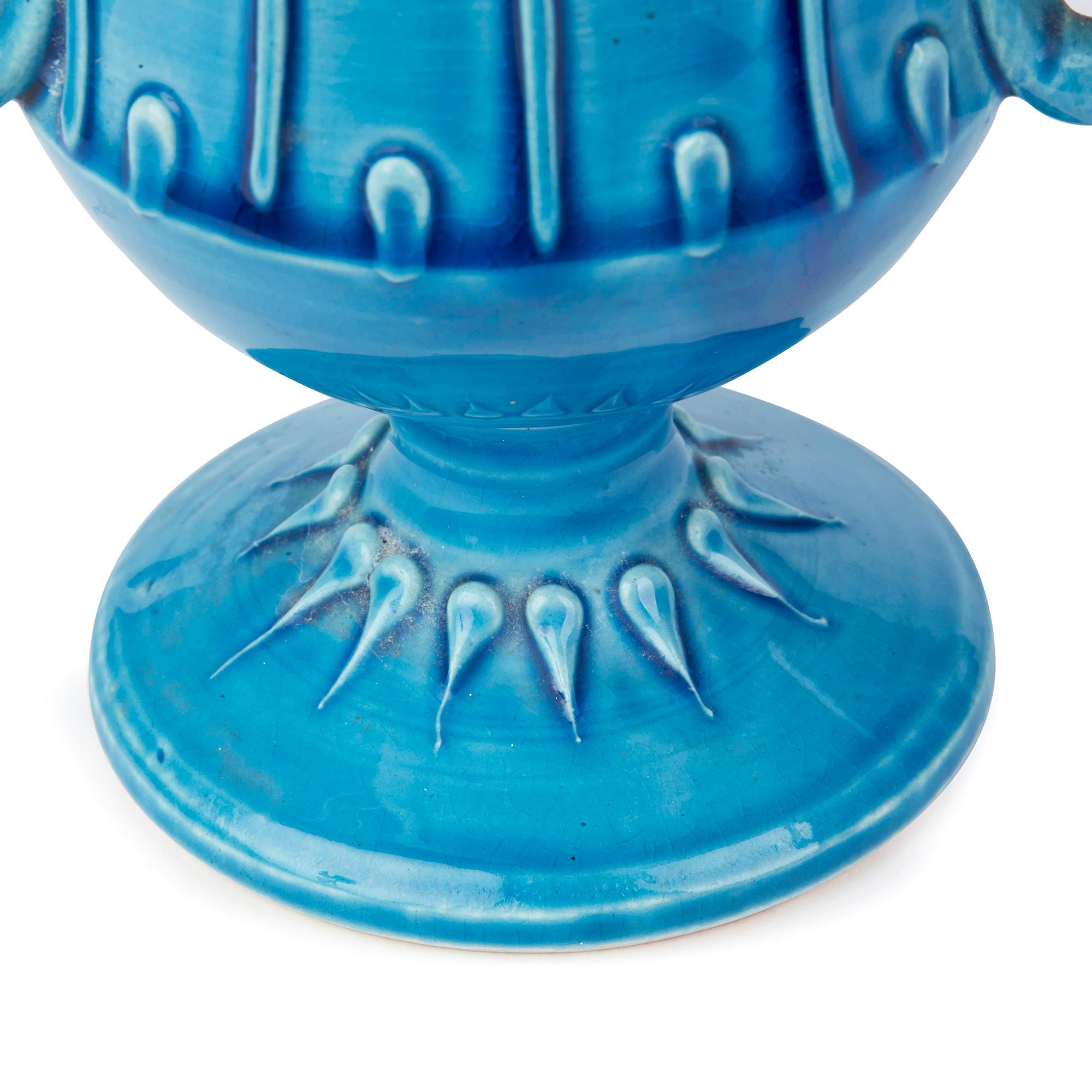 Italian Bitossi Twin Handled Pottery Campana Turquoise Glazed Vase, circa 1950 In Good Condition In Bishop's Stortford, Hertfordshire