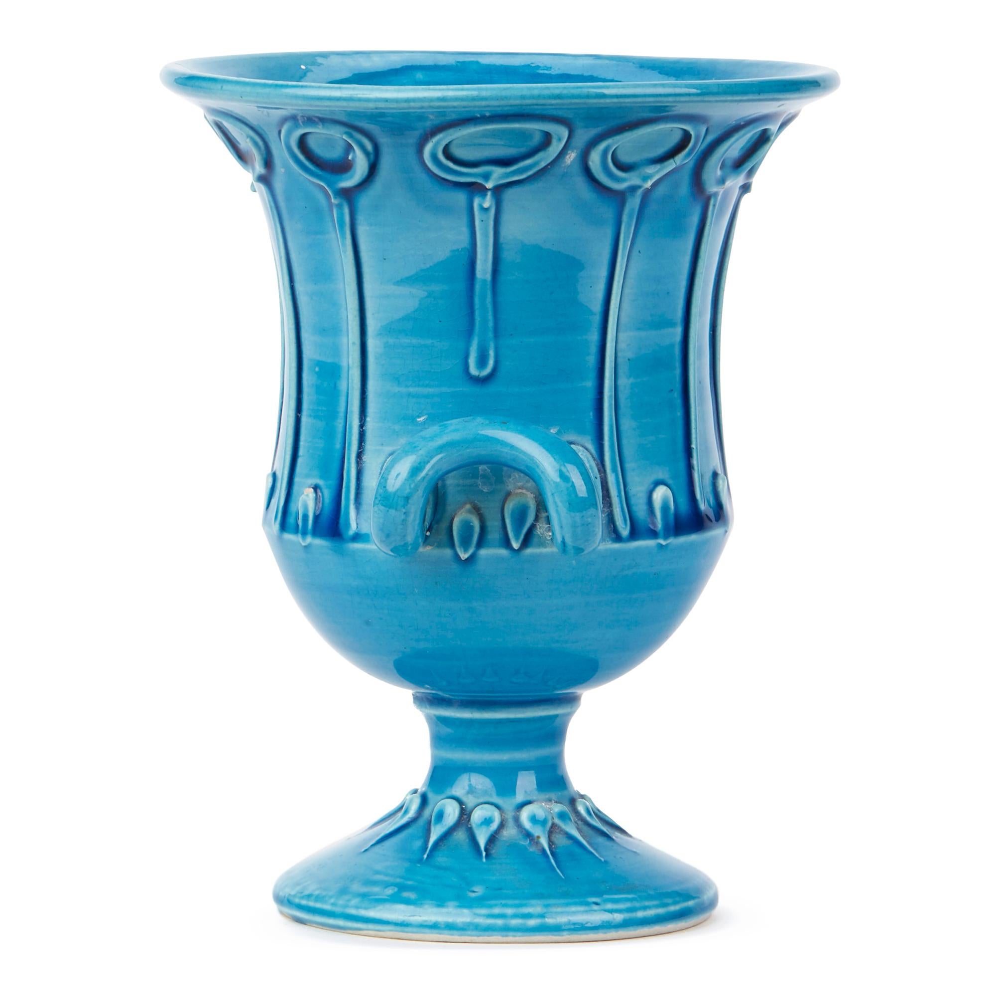 20th Century Italian Bitossi Twin Handled Pottery Campana Turquoise Glazed Vase, circa 1950