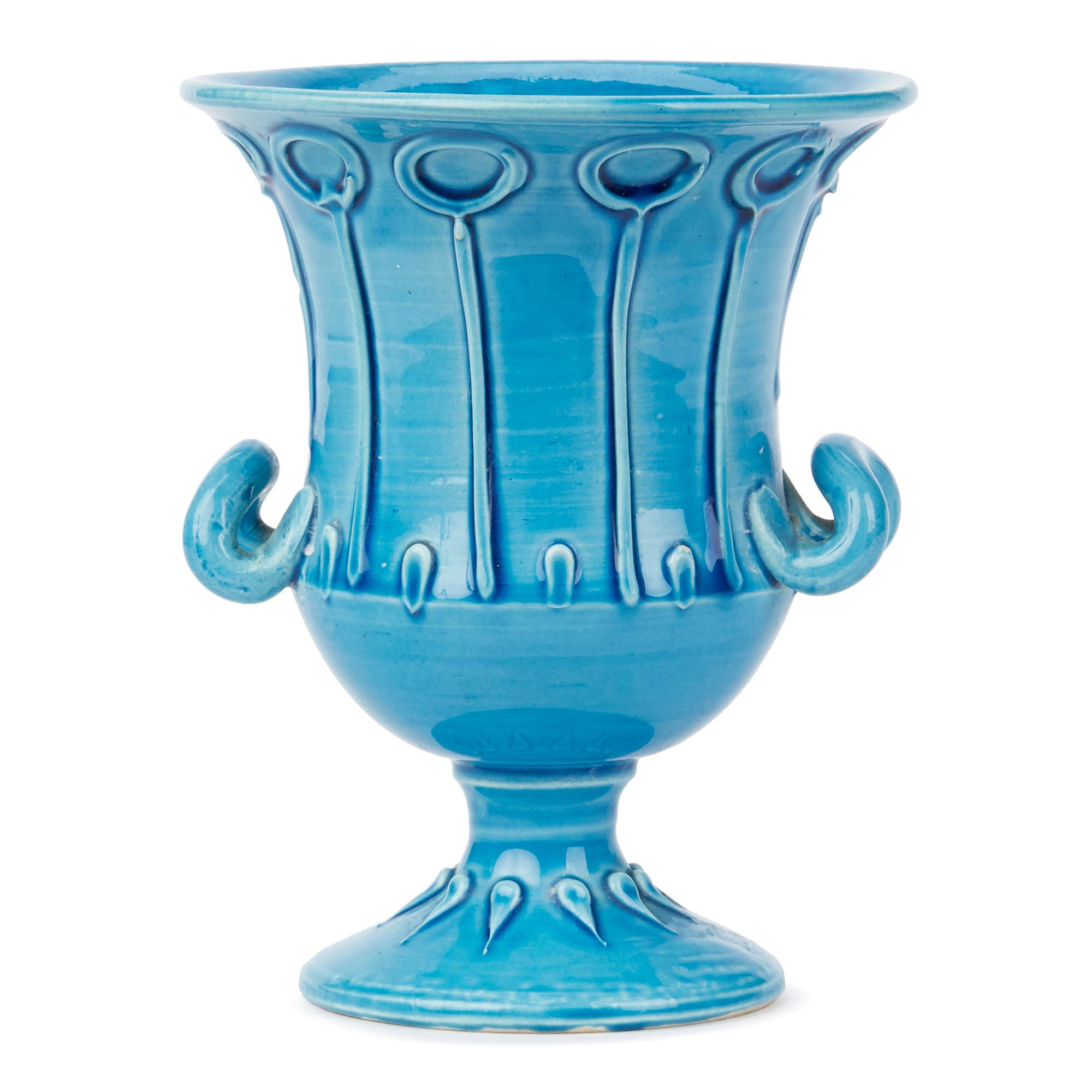 Italian Bitossi Twin Handled Pottery Campana Turquoise Glazed Vase, circa 1950 1