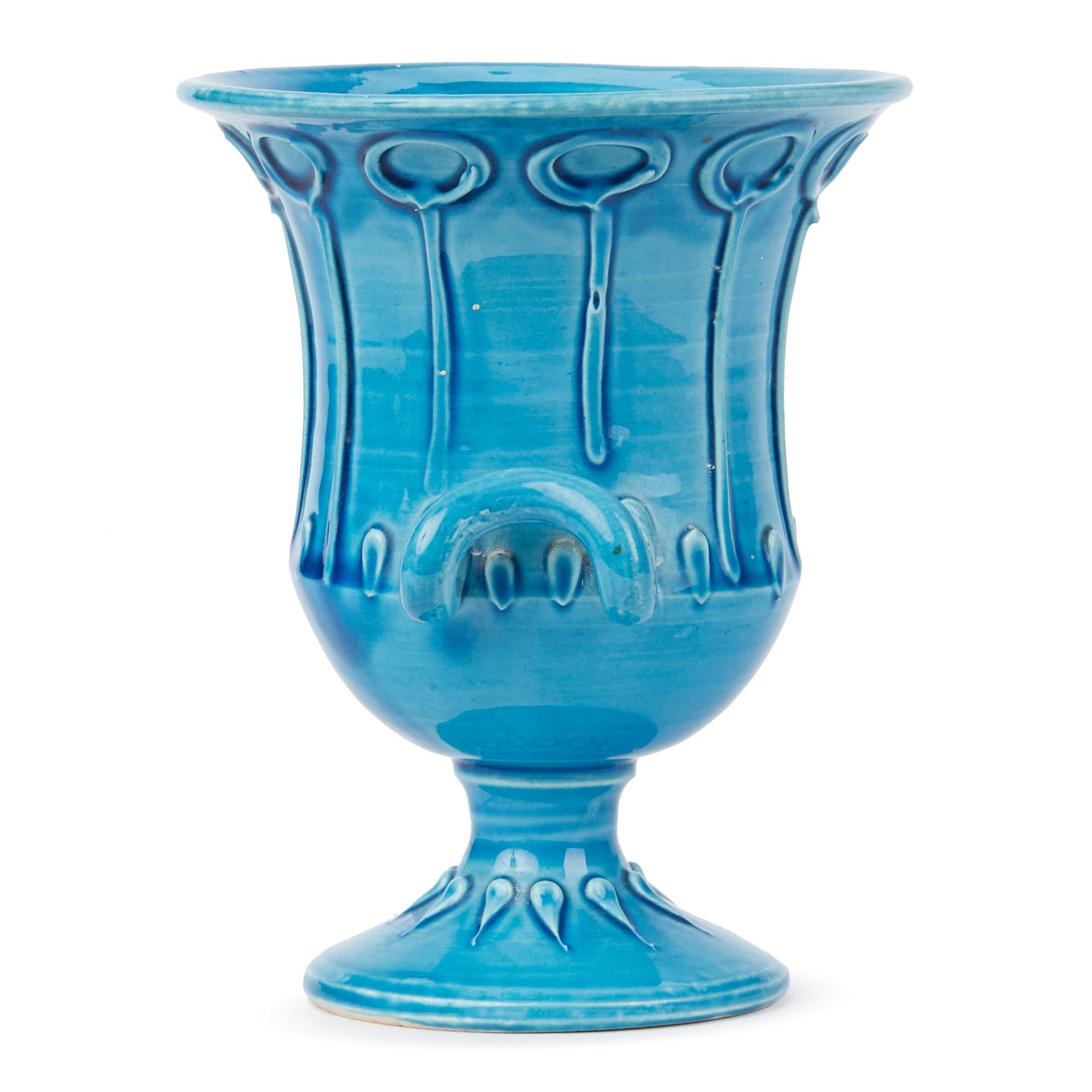 Italian Bitossi Twin Handled Pottery Campana Turquoise Glazed Vase, circa 1950 2